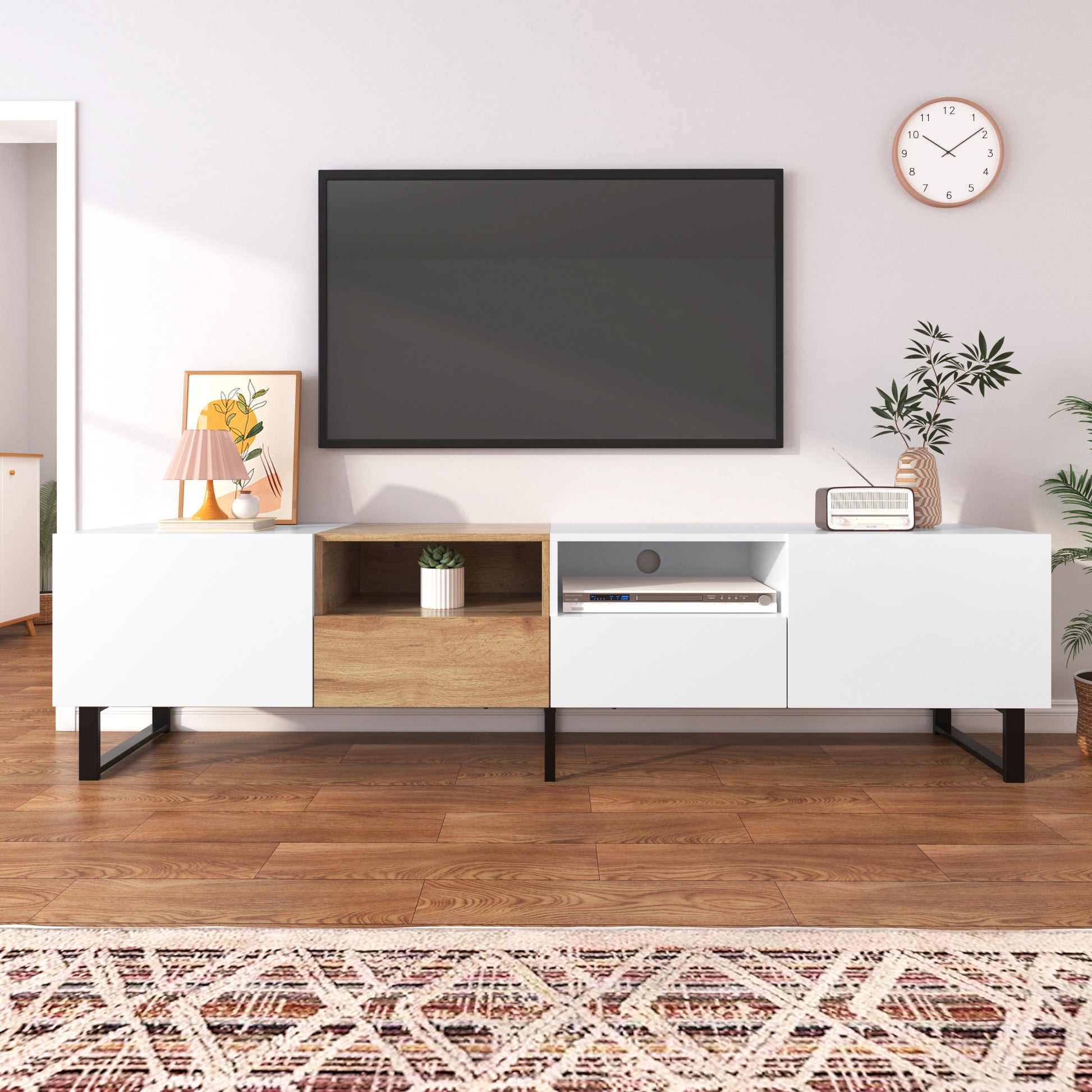 Modern Tv With 2 Cabinets& Open Storage Compartment, Color Matching Media Console Table For Tvs Up To 85'', Entertainment Center With Drop Down Door For Living Room, Bedroom, Home Theatre Wood Brown Primary Living Space 70 79 Inches 90 Inches Or Larger