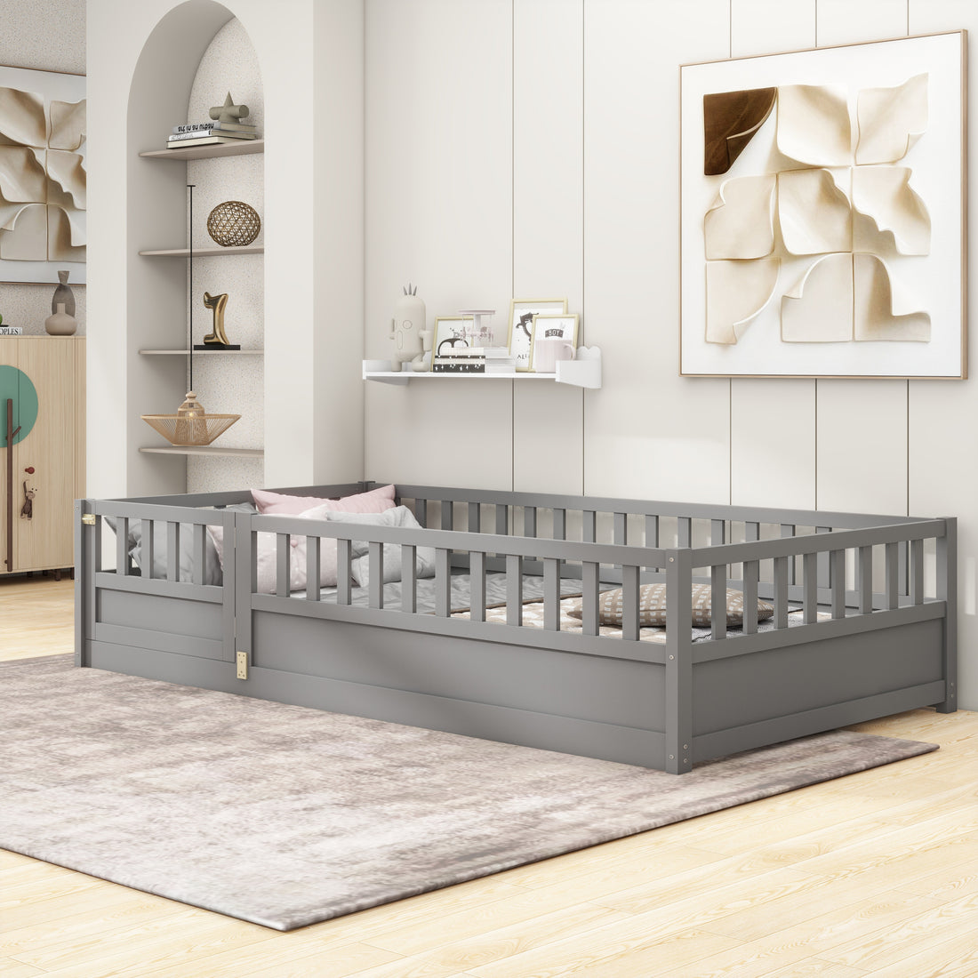 Twin Size Floor Bed, Integral Construction With Super High Security Barrier, Door, Children'S Floor Bed Frame, Montessori Wooden Children'S Floor Bed, Support Slat Grey Box Spring Required Twin Grey Wood Brown Bedroom American Design,Artsy Pine Bed Frame