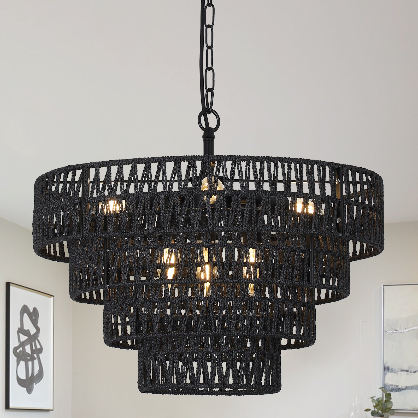 Boho 6 Light Rattan Chandelier Black Rattan Metal