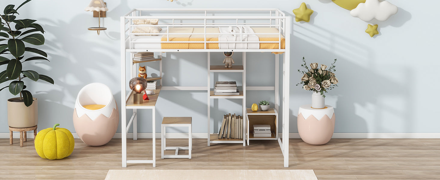 Full Size Loft Bed With Desk And Stool, Metal Loft Bed With Open Style Wardrobe, Shelves And Cabinet, White Full White Metal & Wood