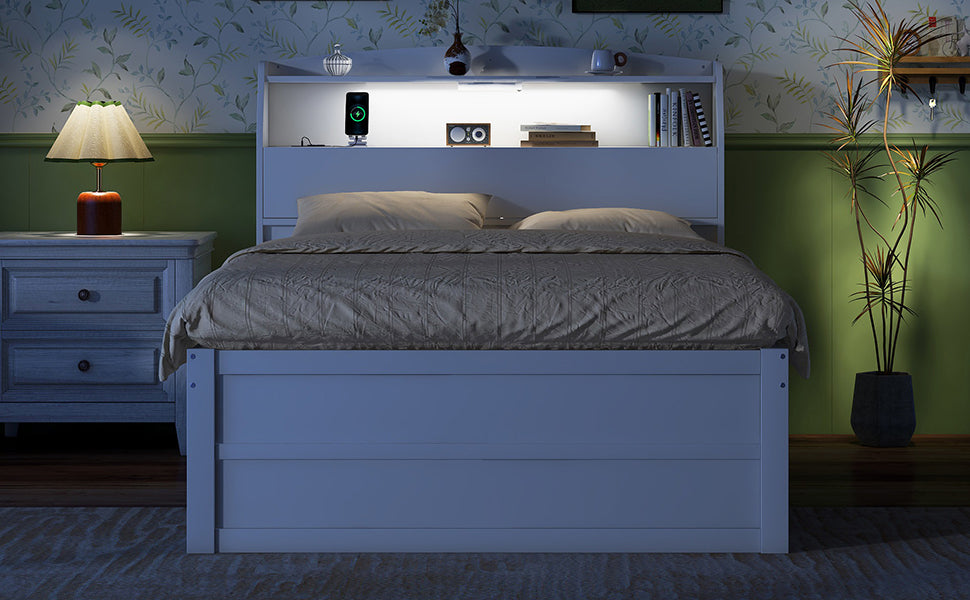 Full Size Wooden Led Platform Bed With Trundle, With Storage Headboard, With Drawers, White Full White Plywood