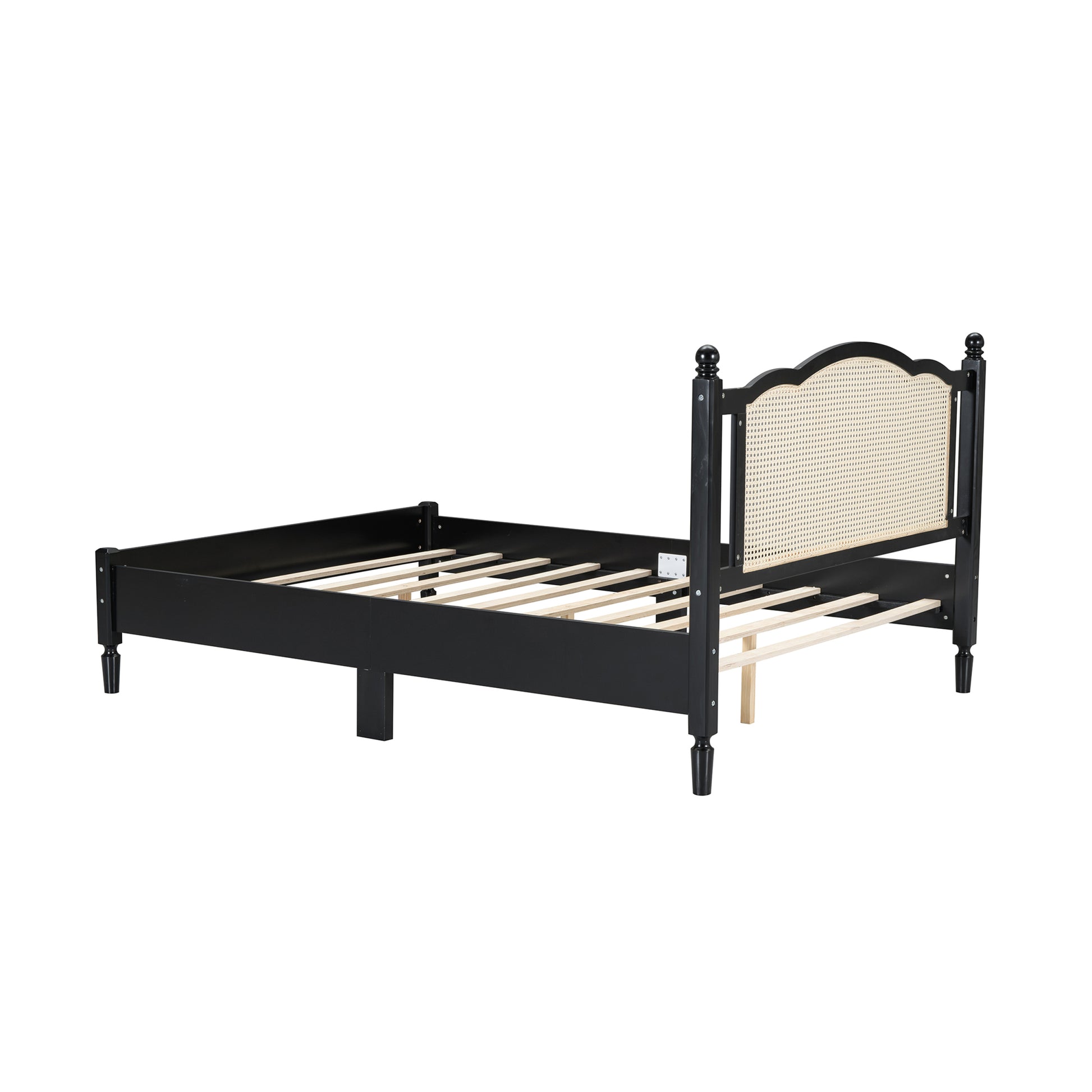 Queen Size Wooden Platform Bed With Natural Rattan Headboard, Vintage Bed Frame With Wooden Slat Support, Black Expected Arrival Time: 08.23 Box Spring Not Required Queen Black Wood