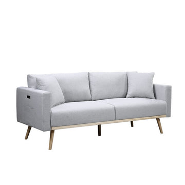 Mico 75 Inch Modern Sofa, Usb Charging Ports And Side Pocket, Light Gray Gray Solid Wood 3 Seat