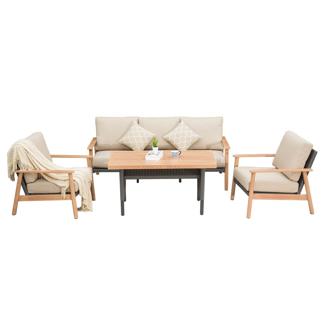 Outdoor Wicker Patio Furniture Sets 4 Pieces, All Weather Aluminum Rattan Padded Sofa Patio Conversation Sets With 2 Pillows For Porch Deck Garden Khaki Yes Khaki Garden & Outdoor Multiple Chairs Seating Group Aluminum