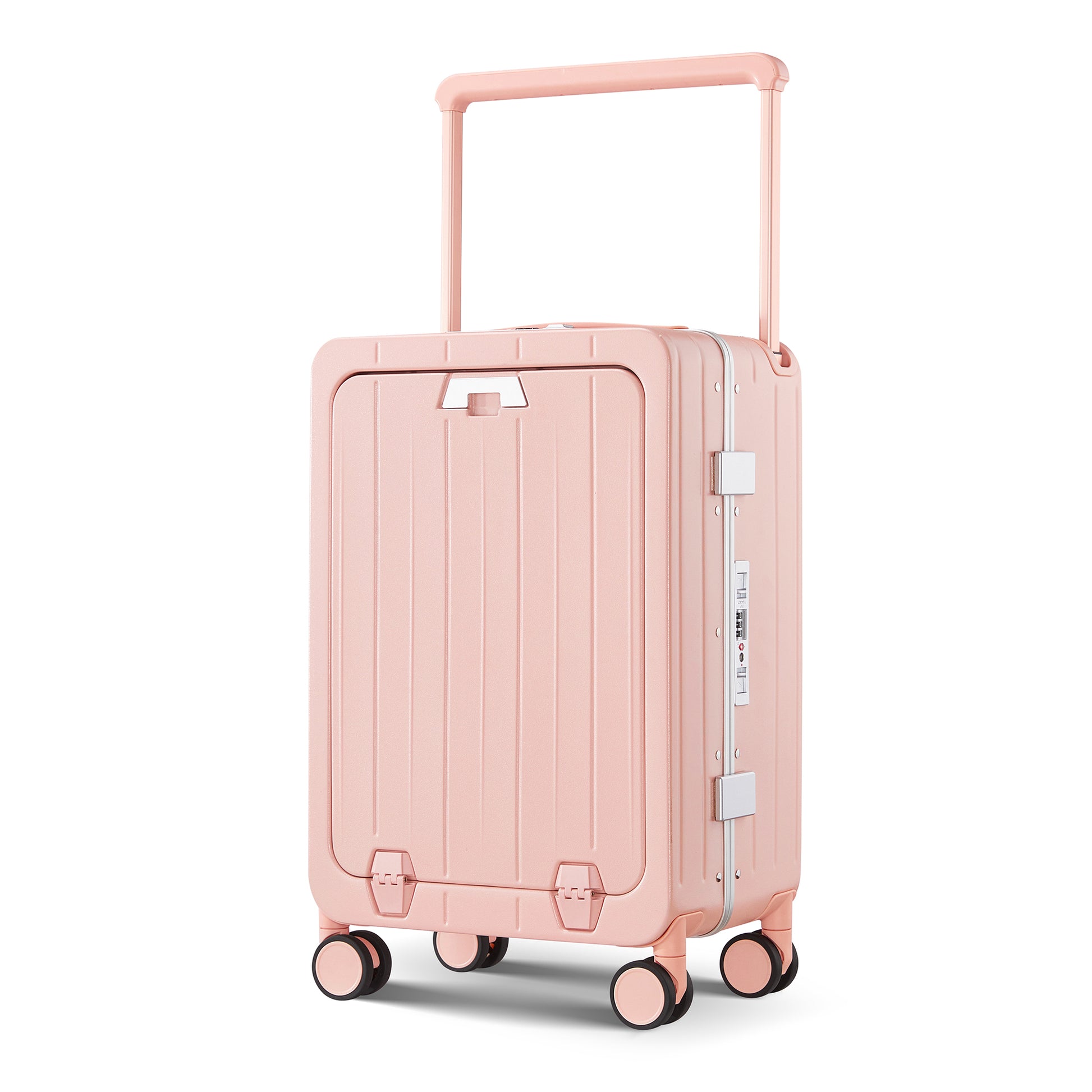 Aluminum Frame 20 Inch With Front Open Carry On Luggage, Pc Hard Shell Suitcase, Bounce Wide Handle Pull Rod Luggage With 360 Double Wheels, Built In Tsa Lock, Airline Approved Suitcase For Business Pink Pc