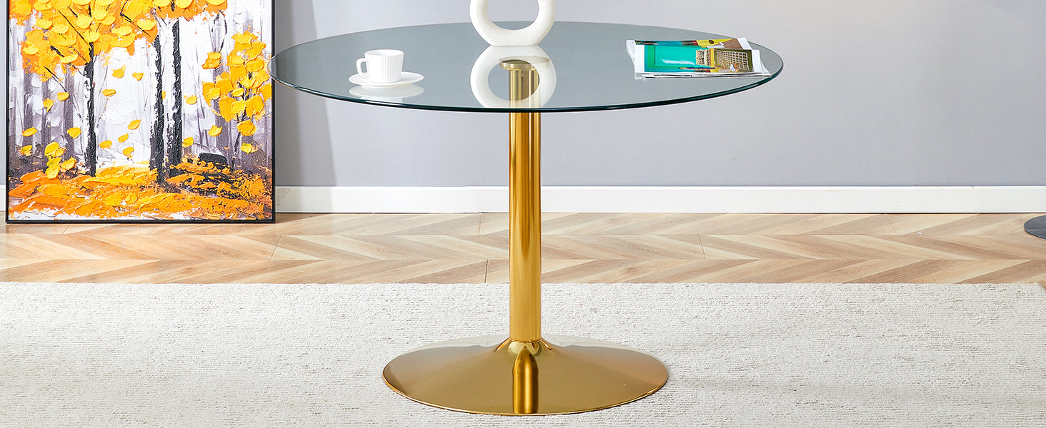 A 47 Inch Diameter Glass Top And A Modern, Minimalist Round Dining Table With Gold Metal Legs. Ideal For Dining Rooms, Living Rooms And Meeting Rooms. Model: Dt 1166 Gold Glass Metal