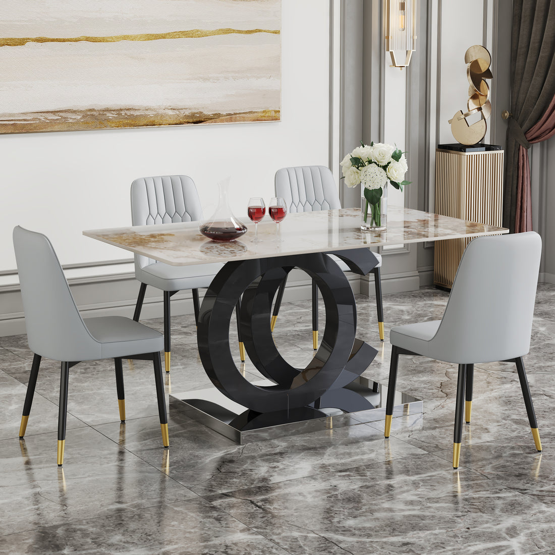 Table And Chair Set.63"X31.5" Marble Pattern Sintered Stone Table With Mdf Oc Shaped Bracket.Paired With 4 Light Gray Chairs With Pu Cushions And Black Metal Legs.Suitable For Kitchen,Dining