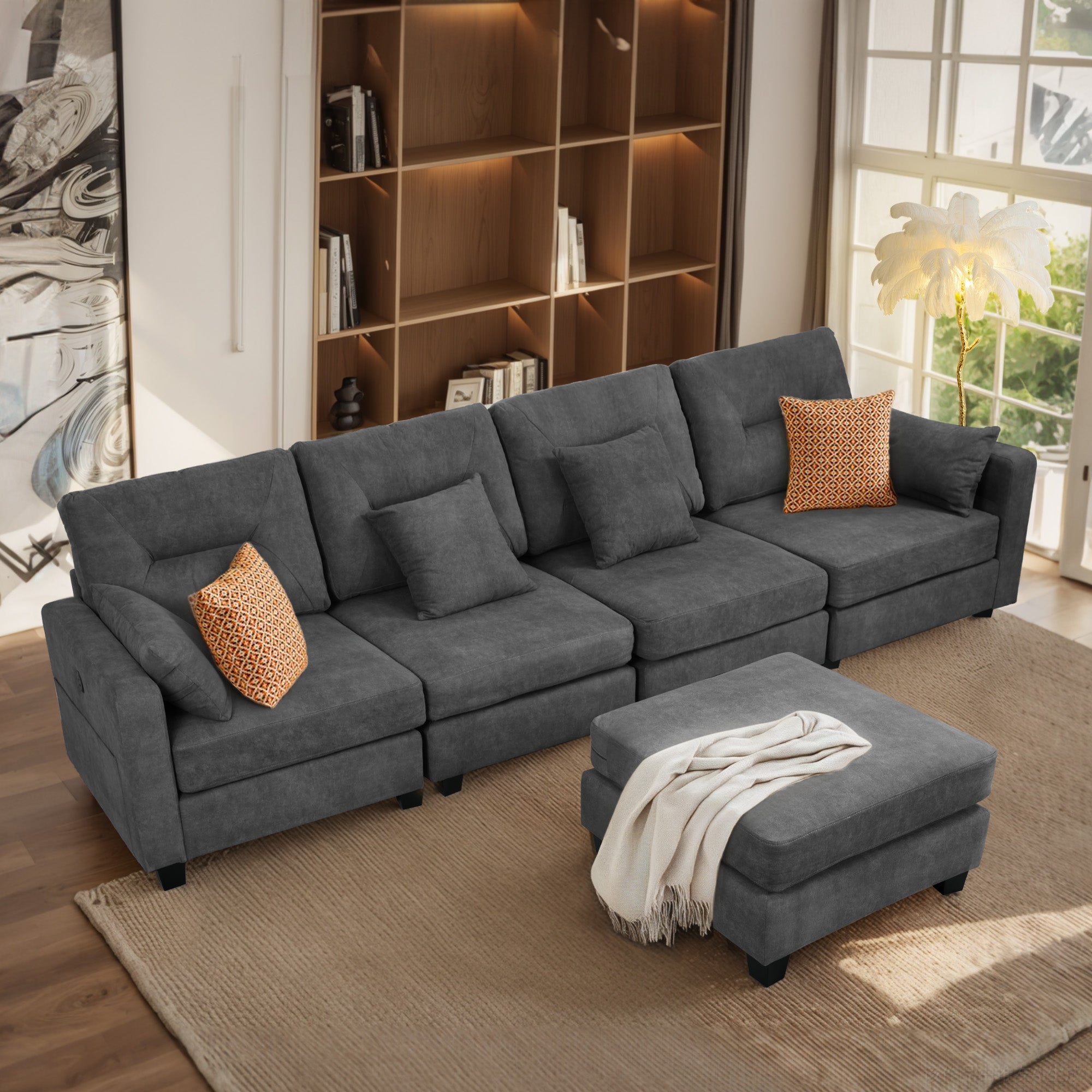 Oversized 125Inch L Shaped Modular Sectional Couches With Usb Ports, Ottoman, Lumbar Pillows Gray Velvet Wood Primary Living Space Medium Soft Cushion Back Extra Heavy Duty Foam Foam Spring 5 Seat