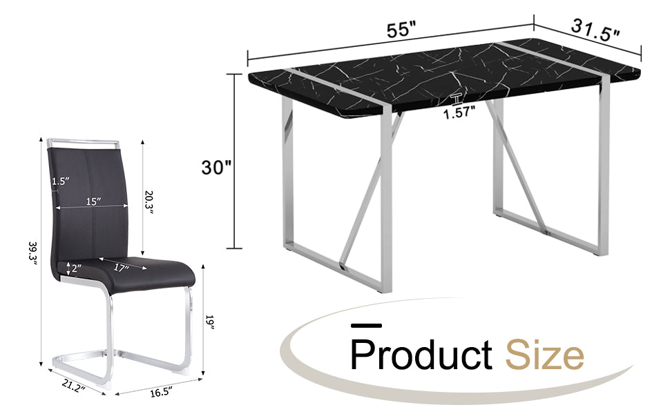 Table And Chair Set.A Rustic Industrial Rectangular Mdf Black Dining Table With Mdf Desktop And Electroplated Silver Metal Legs.Paried With 6 Chairs With Pu Cushion And Metal Legs. Black,Silver Seats 6 Mdf Metal