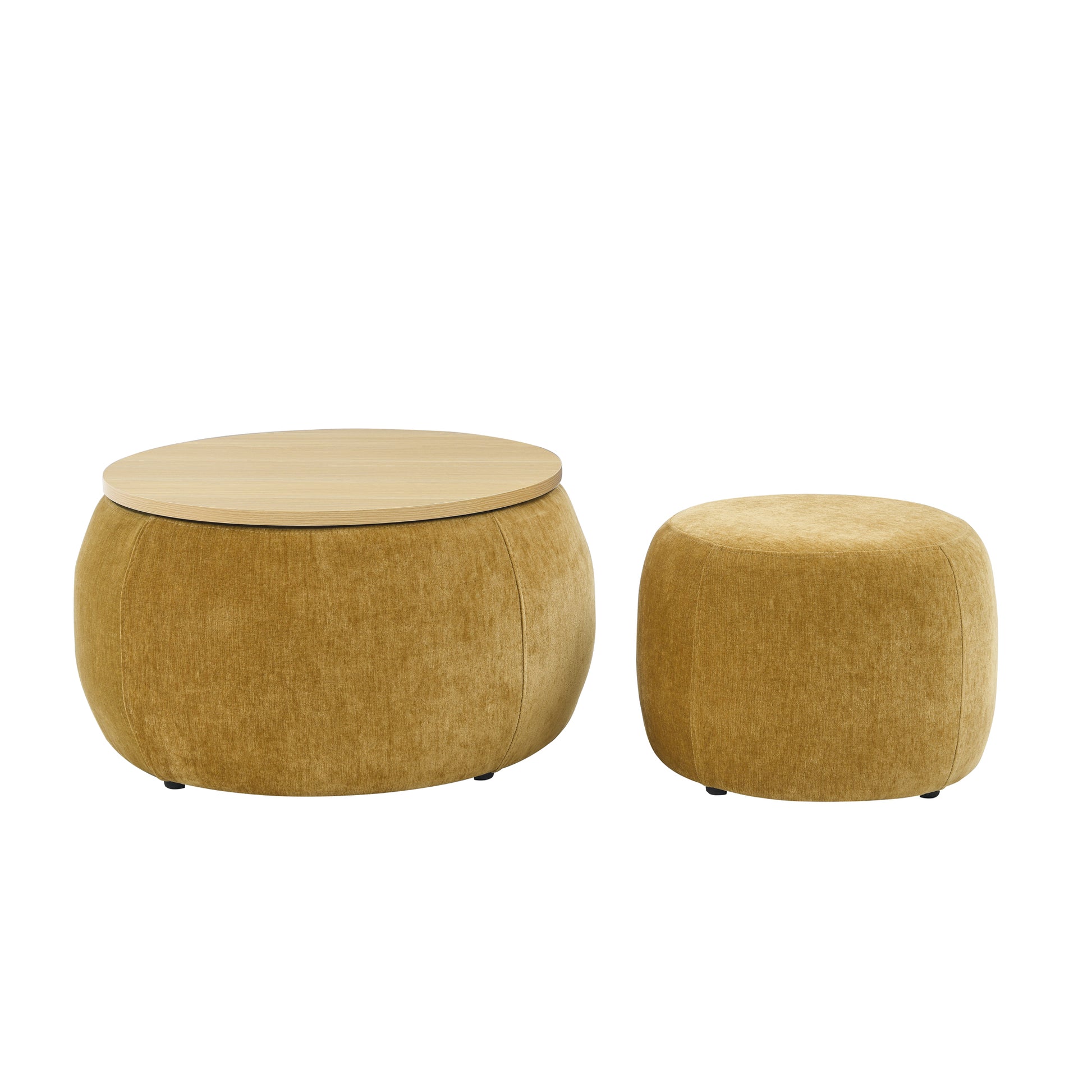 Round Storage Ottoman, 2 In 1 Function, Work As End Table And Ottoman,With Small Seat,Dark Yellow 25"X25"X14.7" Ow Dark Yellow Foam