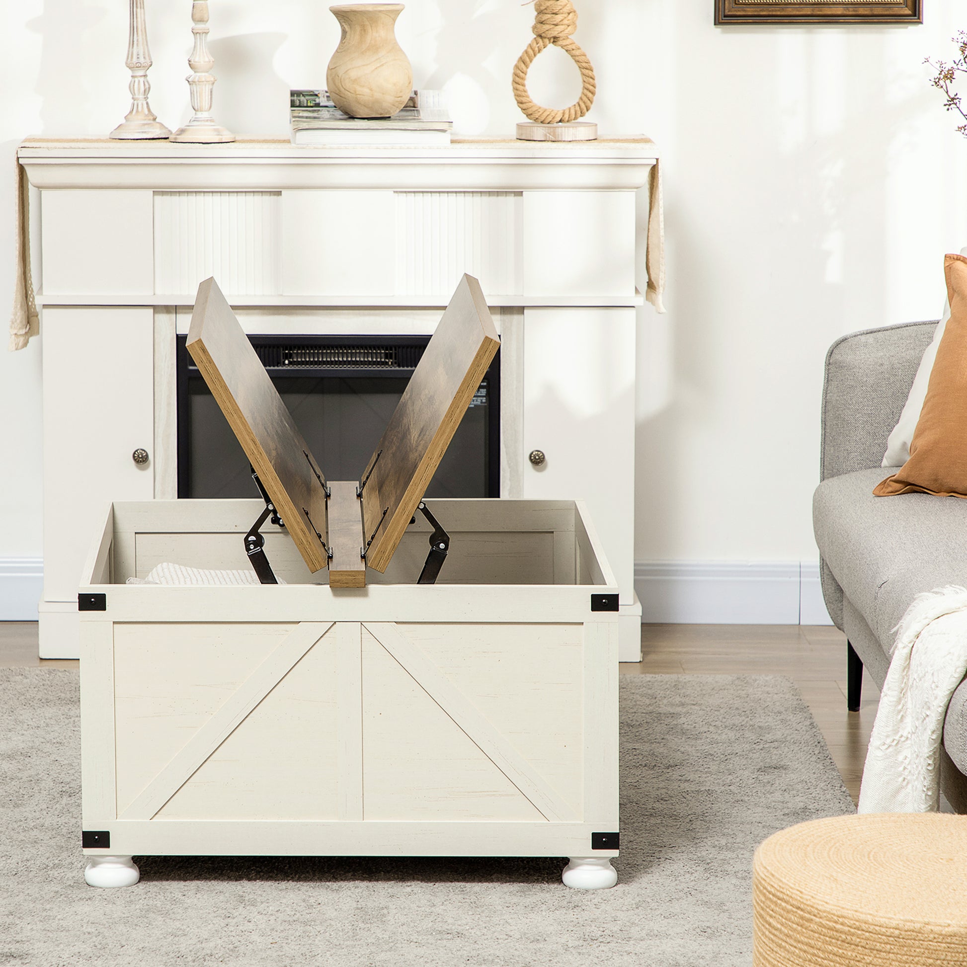 Homcom Farmhouse Coffee Table With Storage, Large Square Coffee Table Antique White Particle Board