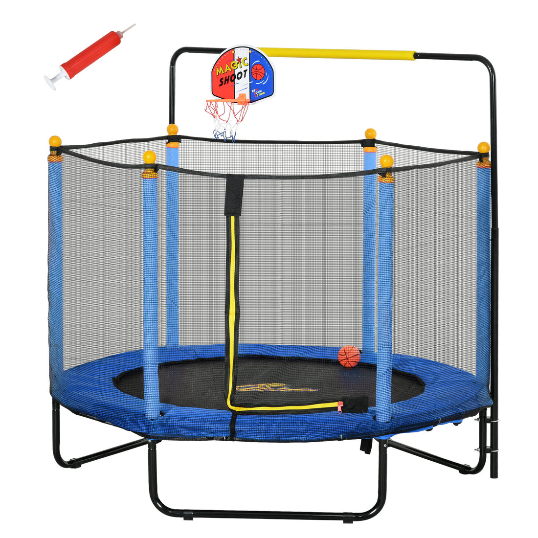 Qaba 4.6' Kids Trampoline With Basketball Hoop, Horizontal Bar, 55" Indoor Trampoline With Net, Small Springfree Trampoline Gifts For Kids Toys, Ages 3 10, Blue Blue Steel