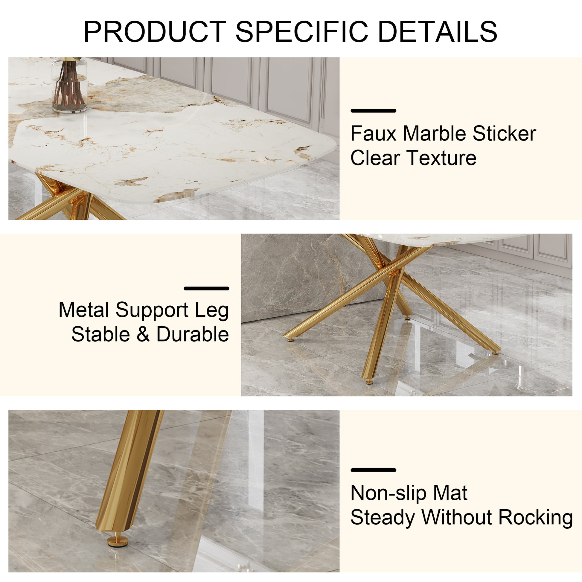 Large Modern Minimalist Rectangular Dining Table With 0.39 "Imitation Marble Tabletop And Golden Metal Legs, Suitable For Kitchen, Dining Room, Living Room, Conference Room, W1151S00987 Gold Glass Metal