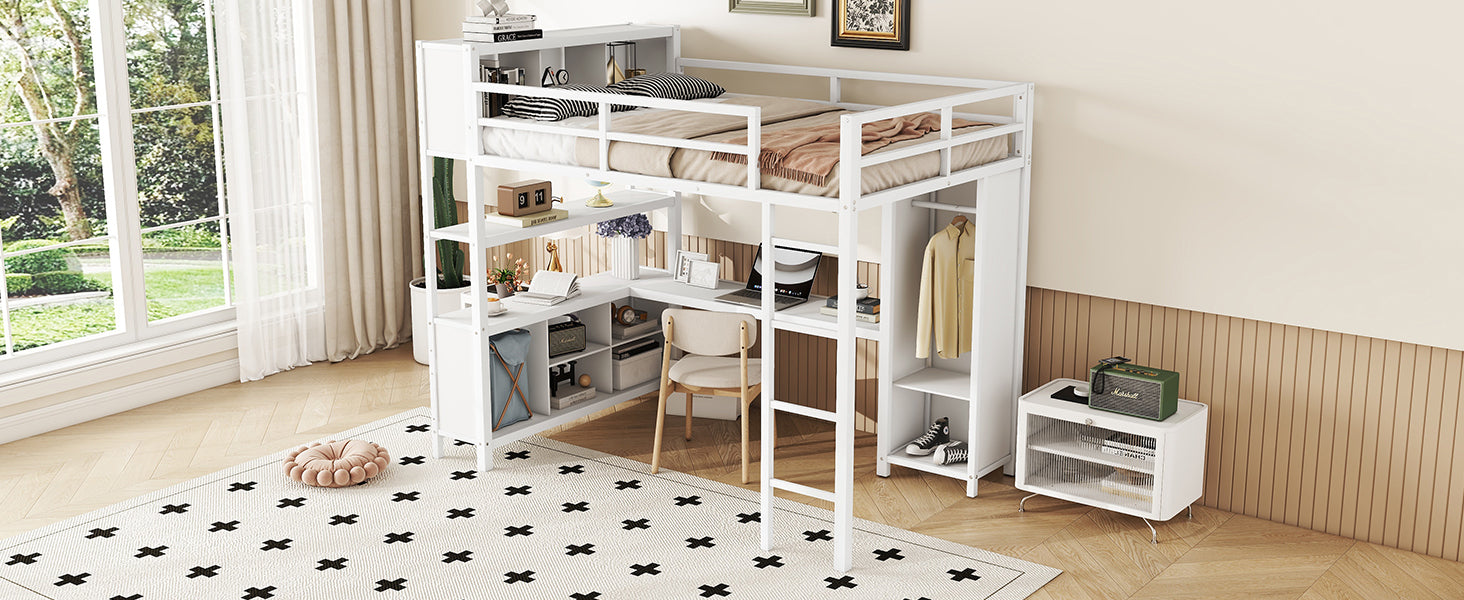 Metal Loft Bed With Wardrobe And L Shaped Desk, Full Size Loft Bed With Storage Cubes And Shelves, Heavy Duty Loft Bed For Kids Teens Adults, White Pre Sale Date: August 10Th Full Off White Metal