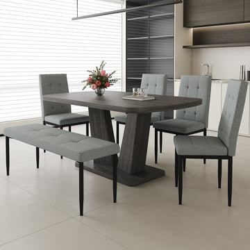 63" Modern Style 6 Piece Dining Table With 4 Chairs & 1 Bench, Table With Wood Veneers Tabletop And V Shaped Table Legs Metal Grey Modern Rectangular Mdf Mdf