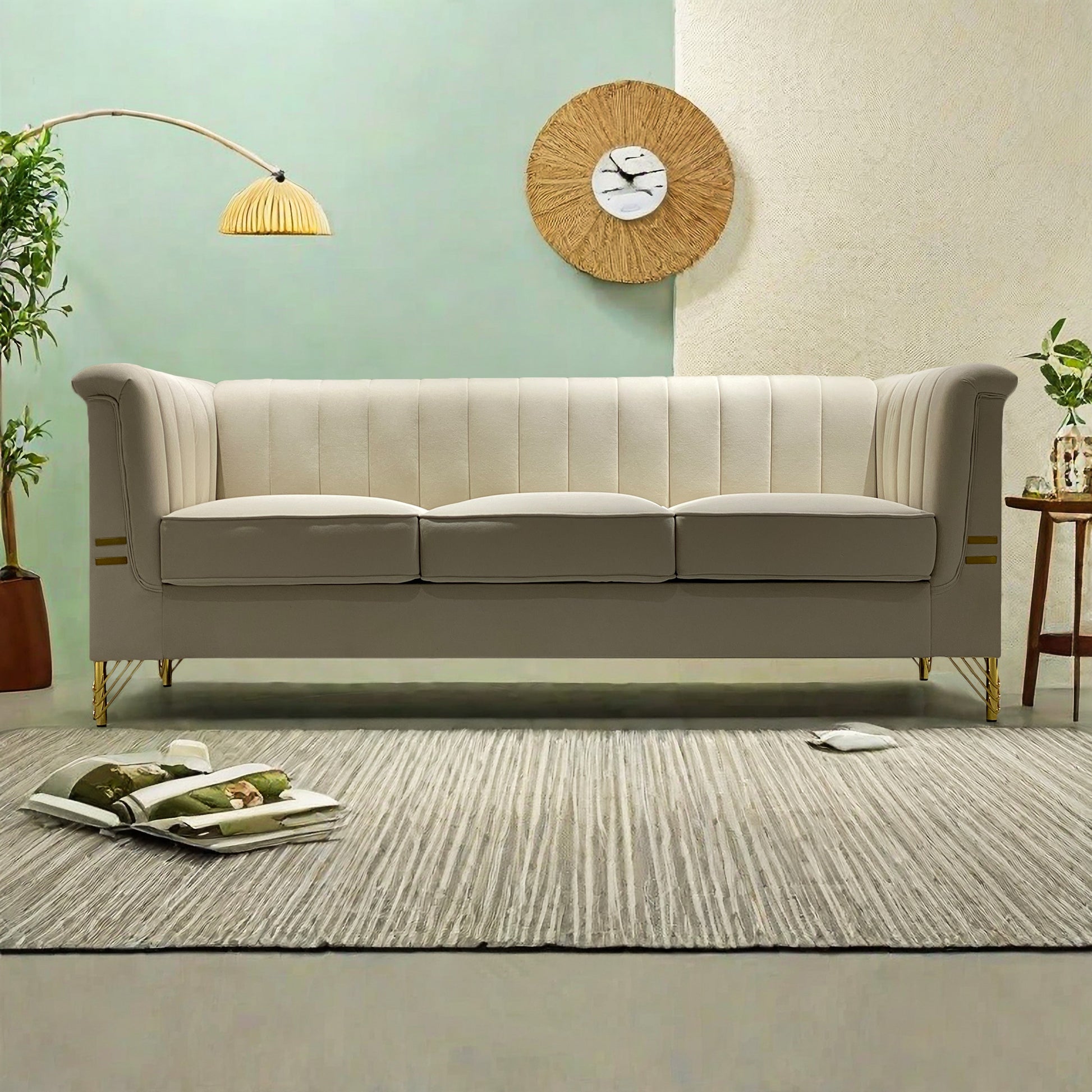 Fx P82 Be Sofa Modern Chenille Sofa, 82.67" Upholstered Couch With Bolster Armrest, 3 Seat Sofa For Living Room, Bedroom, Office, Apartment, Dorm, Beige Beige Velvet 3 Seat