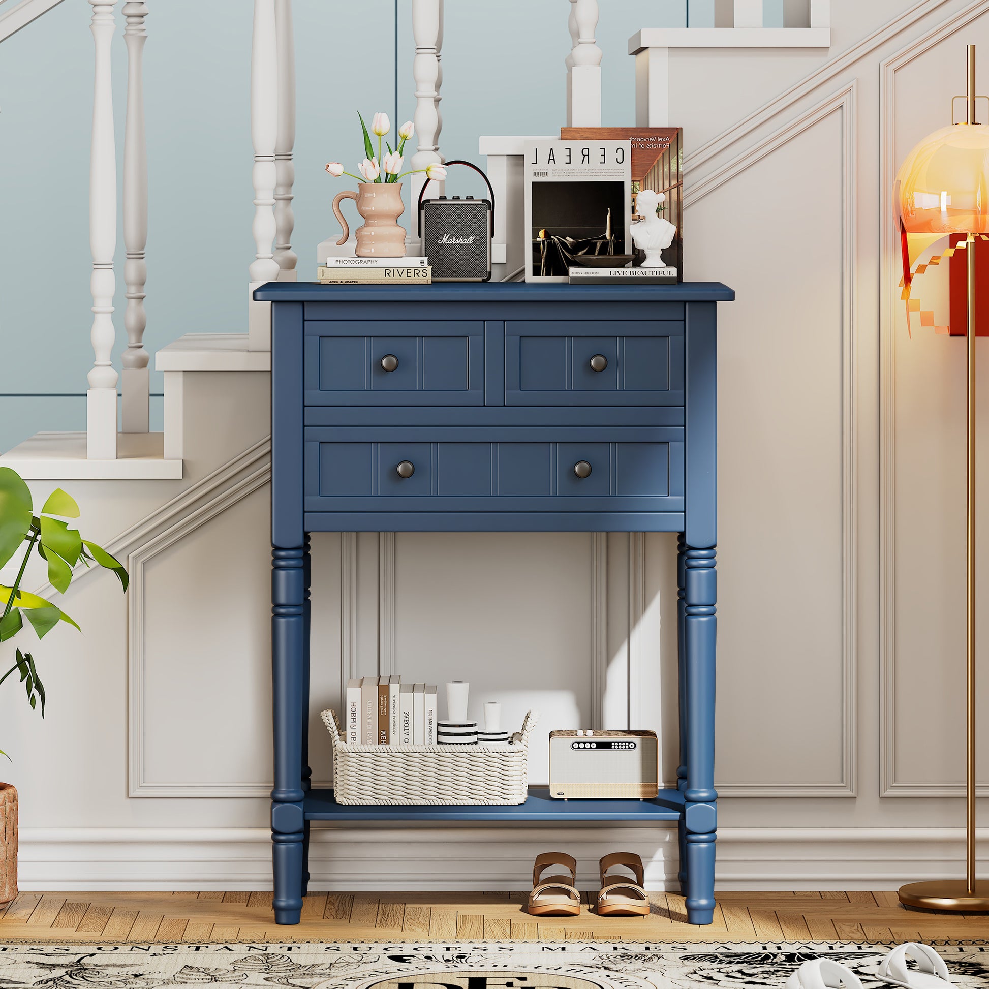 Narrow Console Table, Slim Sofa Table With Three Storage Drawers And Bottom Shelf Navy Navy Solid Wood Mdf