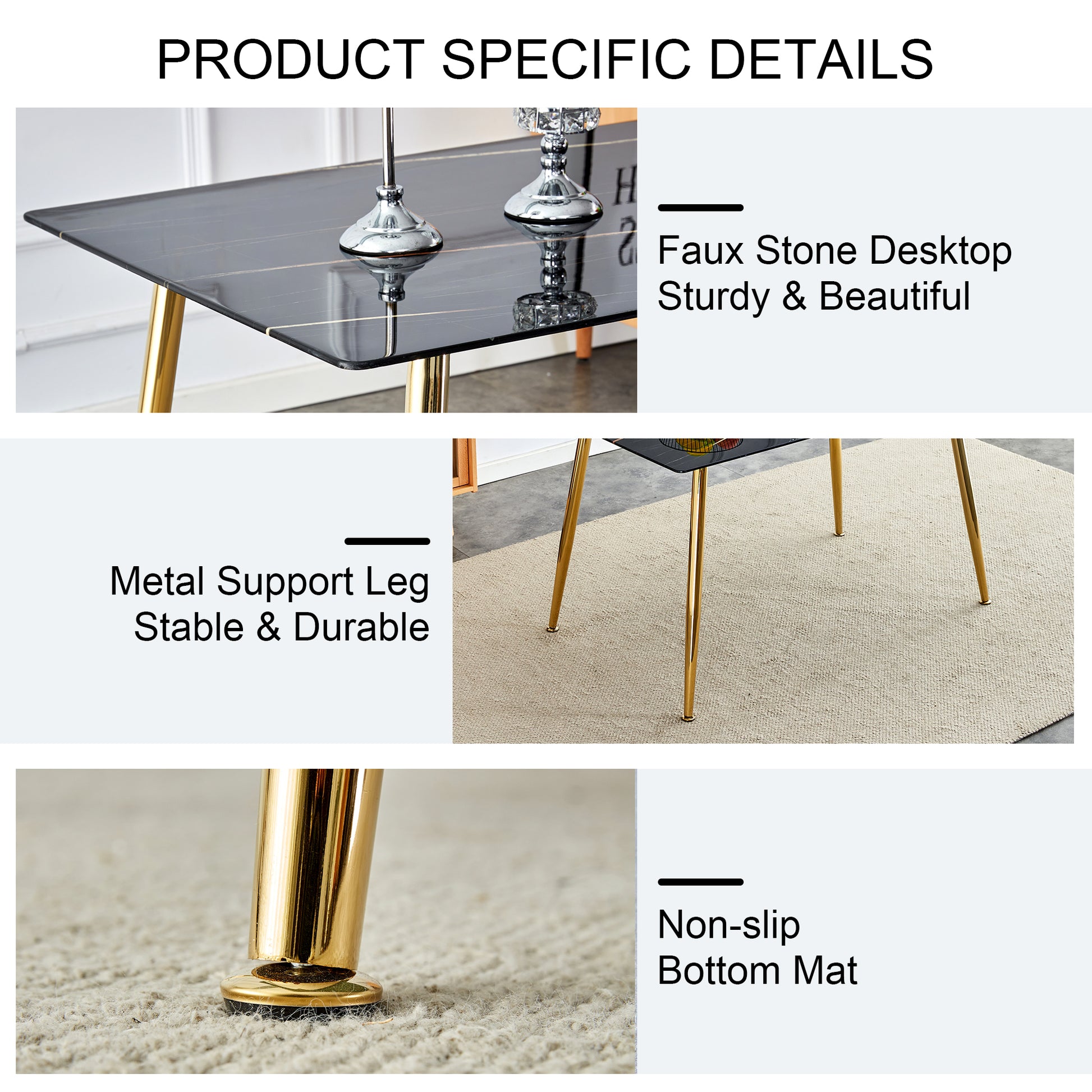 Table And Chair Set. 1 Table With 4 Gray Pu Chairs. Modern Minimalist Rectangular Black Imitation Marble Dining Table, With Golden Metal Legs. Paired With 4 Chairs With Golden Legs.Dt 1544 C001 Black Gold Glass Metal