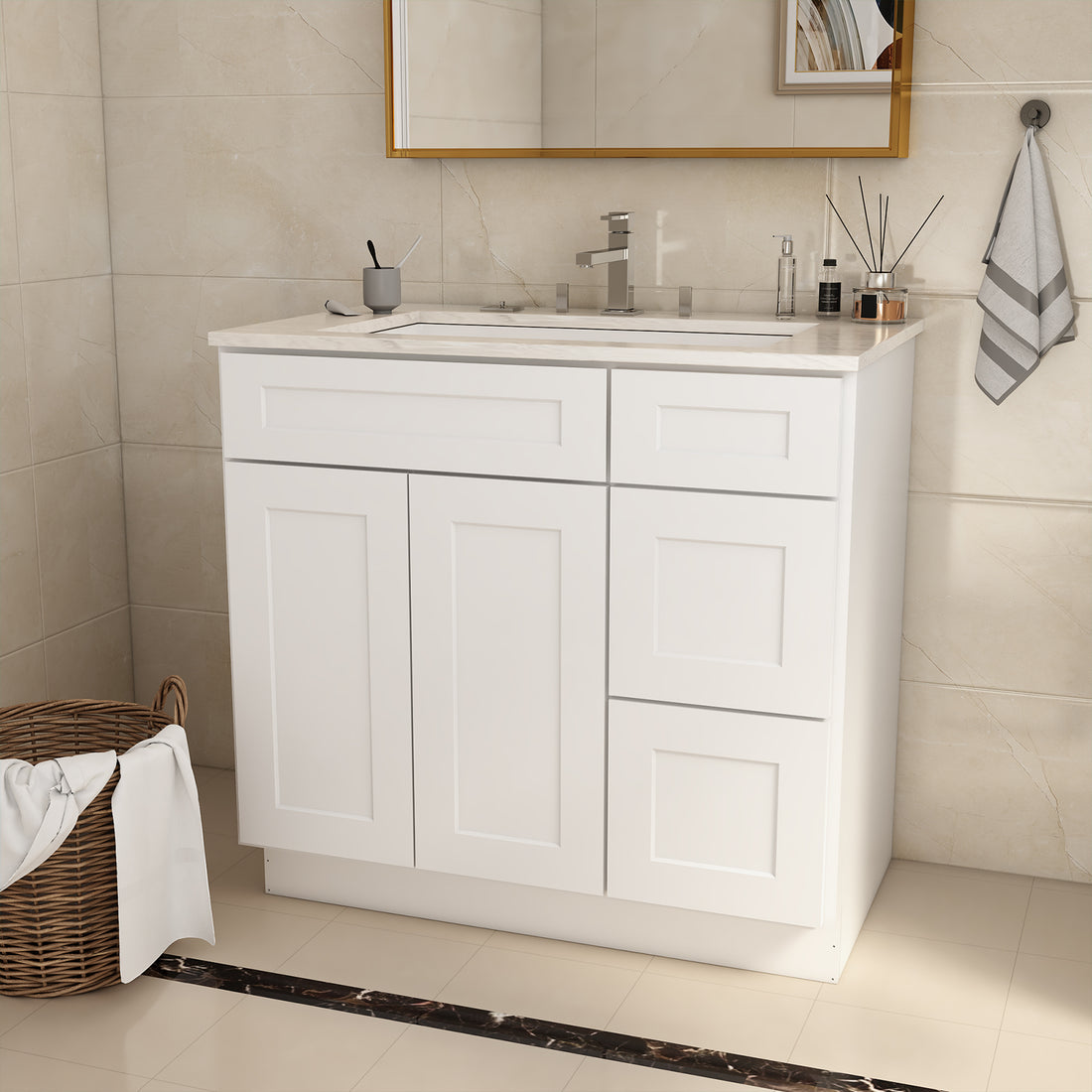36 In. W X 21 In. D X 34.5 In. H In Shaker White Plywood Ready To Assemble Floor Vanity Sink Base Kitchen Cabinet With Right Door White Plywood