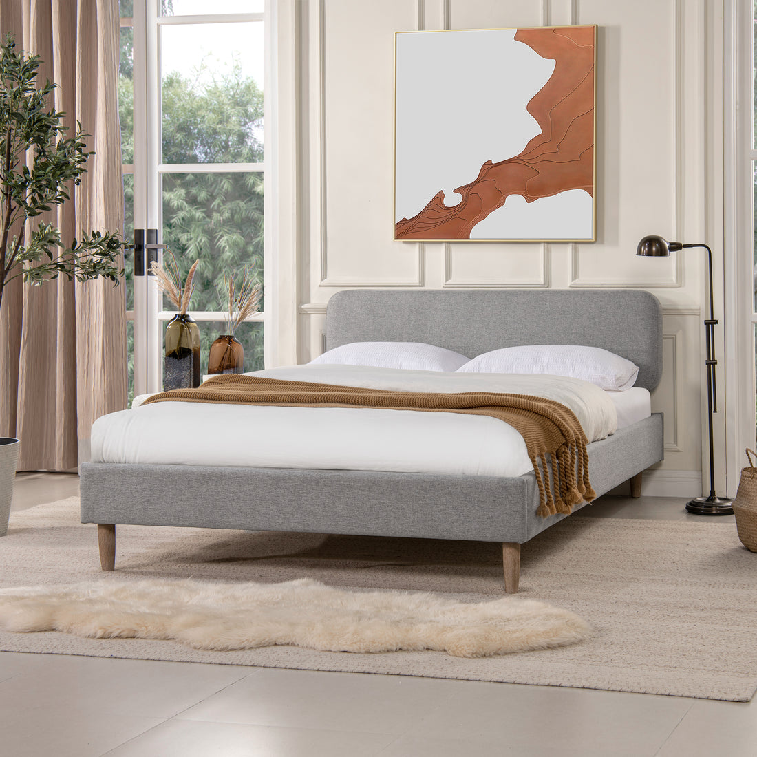 Diego Low Upholstered Platform Bed, Queen, Light Grey Polyester Box Spring Not Required Queen Gray Wood Foam Polyester Polyester