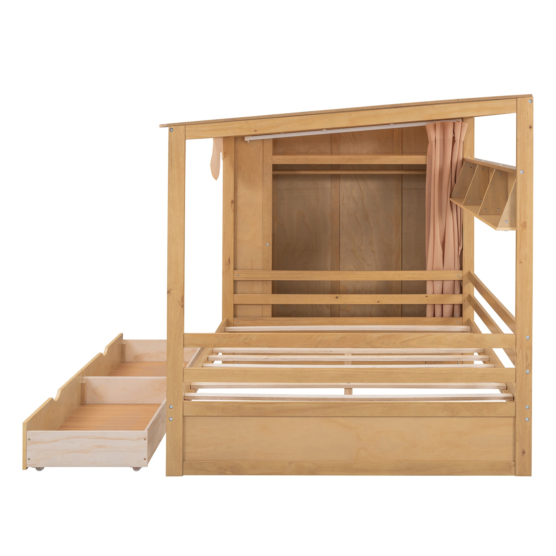 Full Size House Bed With Two Drawers And Wardrobe,Natural Full Natural Solid Wood