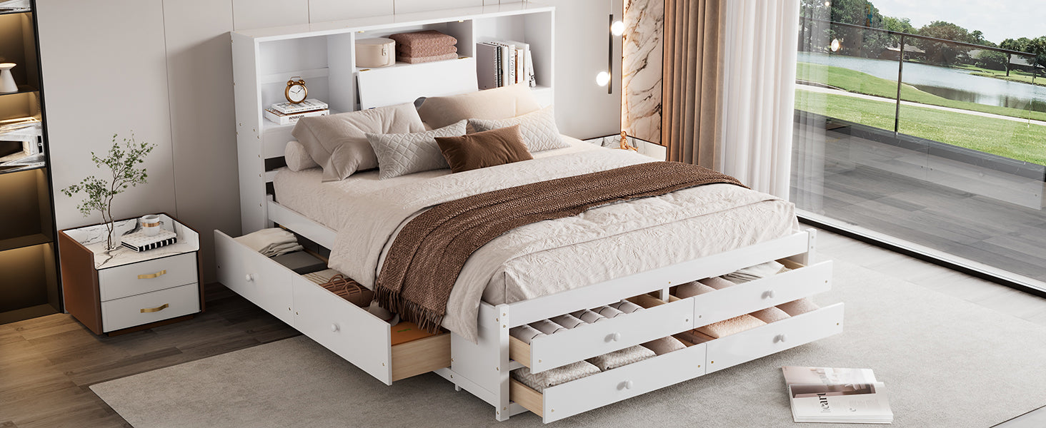 Queen Size Platform Bed With Storage Headboard And 8 Drawers, White Box Spring Not Required Queen White Wood Bedroom Bed Frame Solid Wood Mdf