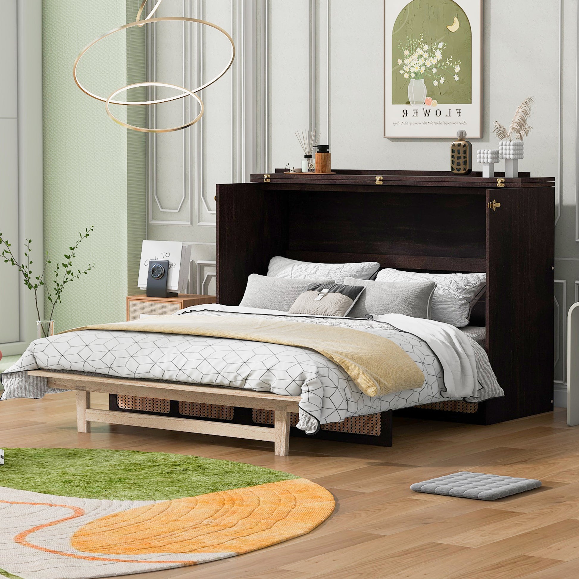 Queen Murphy Bed With Large Drawers,Espresso Queen Espresso Plywood