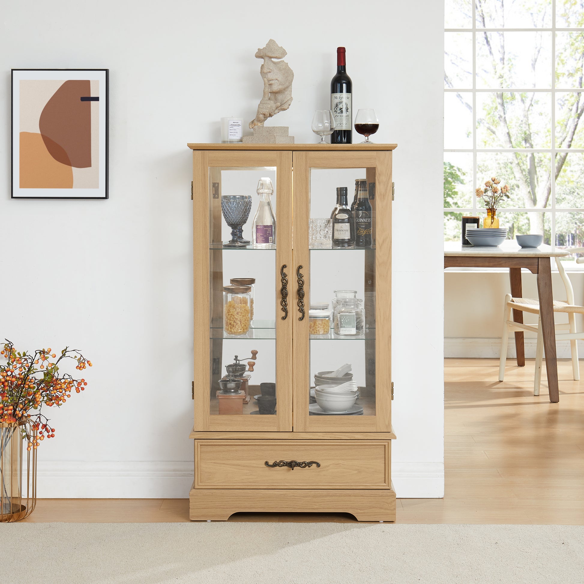 Glass Cabinet Lighted Glass Cabinet Curio Display Cabinet With Adjustable Glass Shelves 2 Doors And 1 Drawer Cabinet Bulb Included Oak Oak Mdf Glass