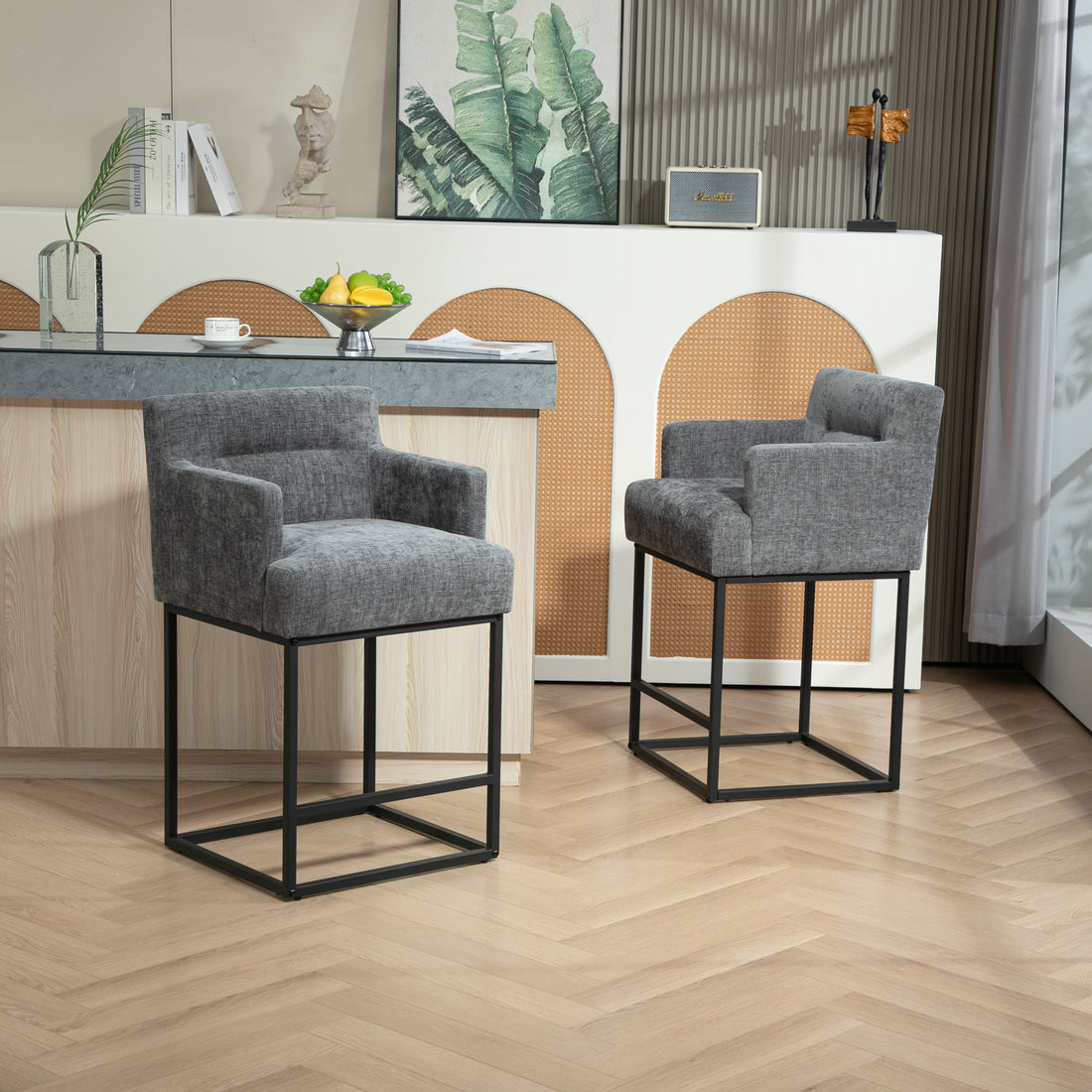 Coolmore Counter Height Bar Stools Set Of 2, Modern Barrel Bar Stool With Backrest And Arms, Black Metal Frames, Upholstered Bar Stools For Kitchen Island, Pub, Club Gray Foam Chenille