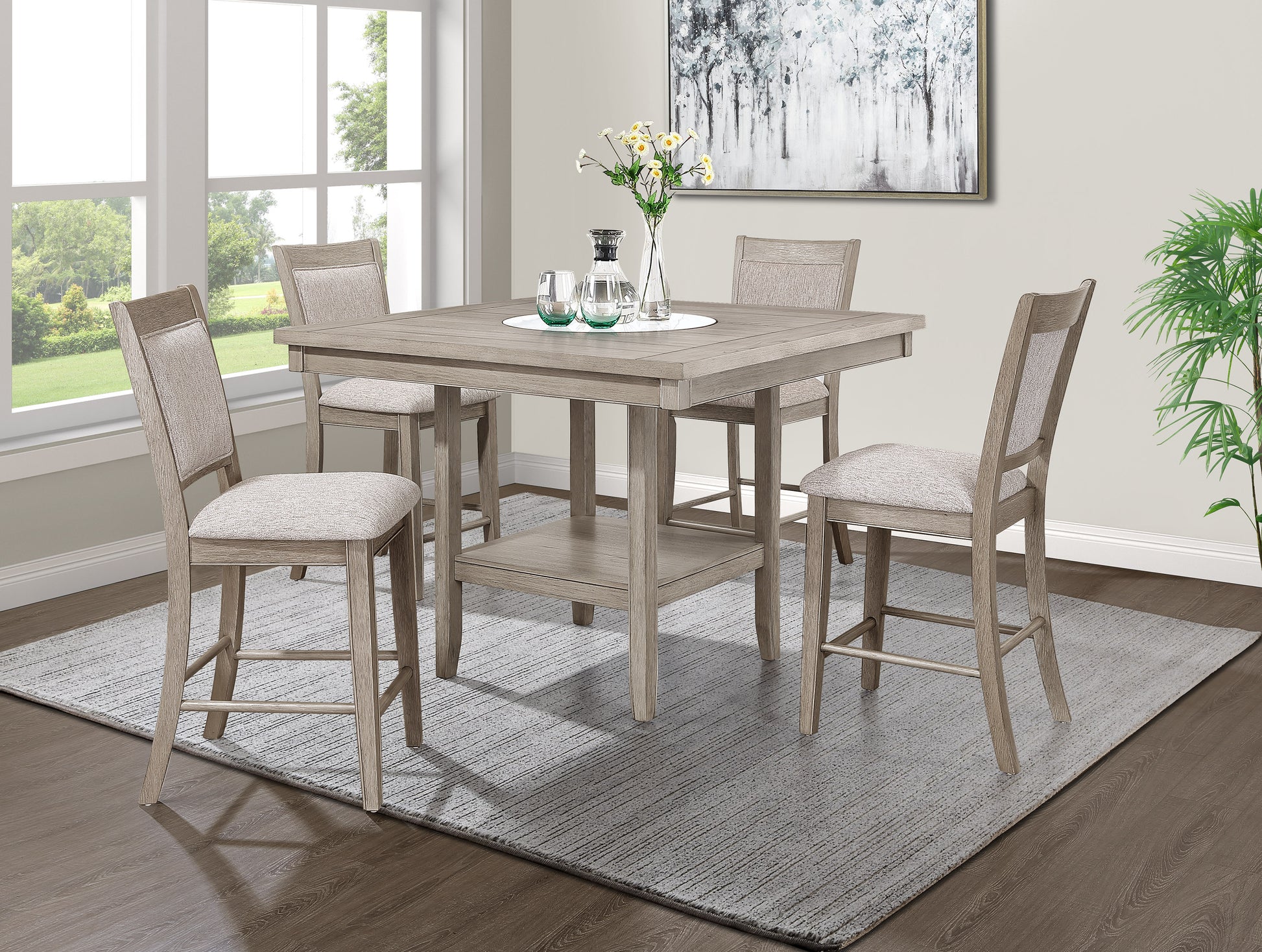 5Pc Dining Set Contemporary Farmhouse Style Counter Height W 20 Inch White Faux Marble Lazy Susan All Tan Beige Gray Finish Upholstered Chairs Wooden Wood Veneers Solid Wood Dining Room Furniture