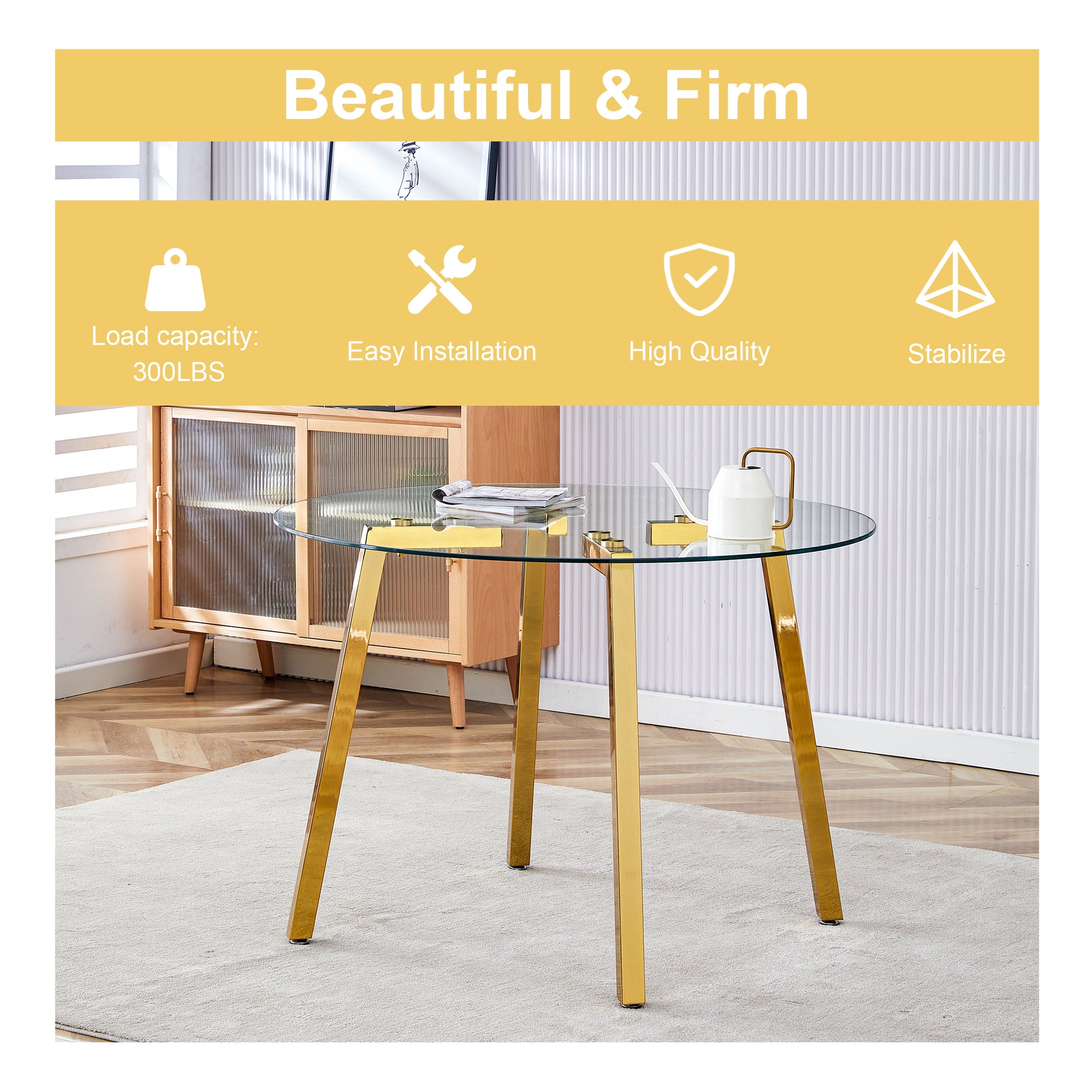 Table And Chair Set.A Modern Minimalist Style Round Clear Tempered Glass Table With Metal Legs.Paried With Dark Gray Chairs With Modern Pu Leather High Back Upholstered And C Tube Golden Legs. Transparent Seats 6 Glass