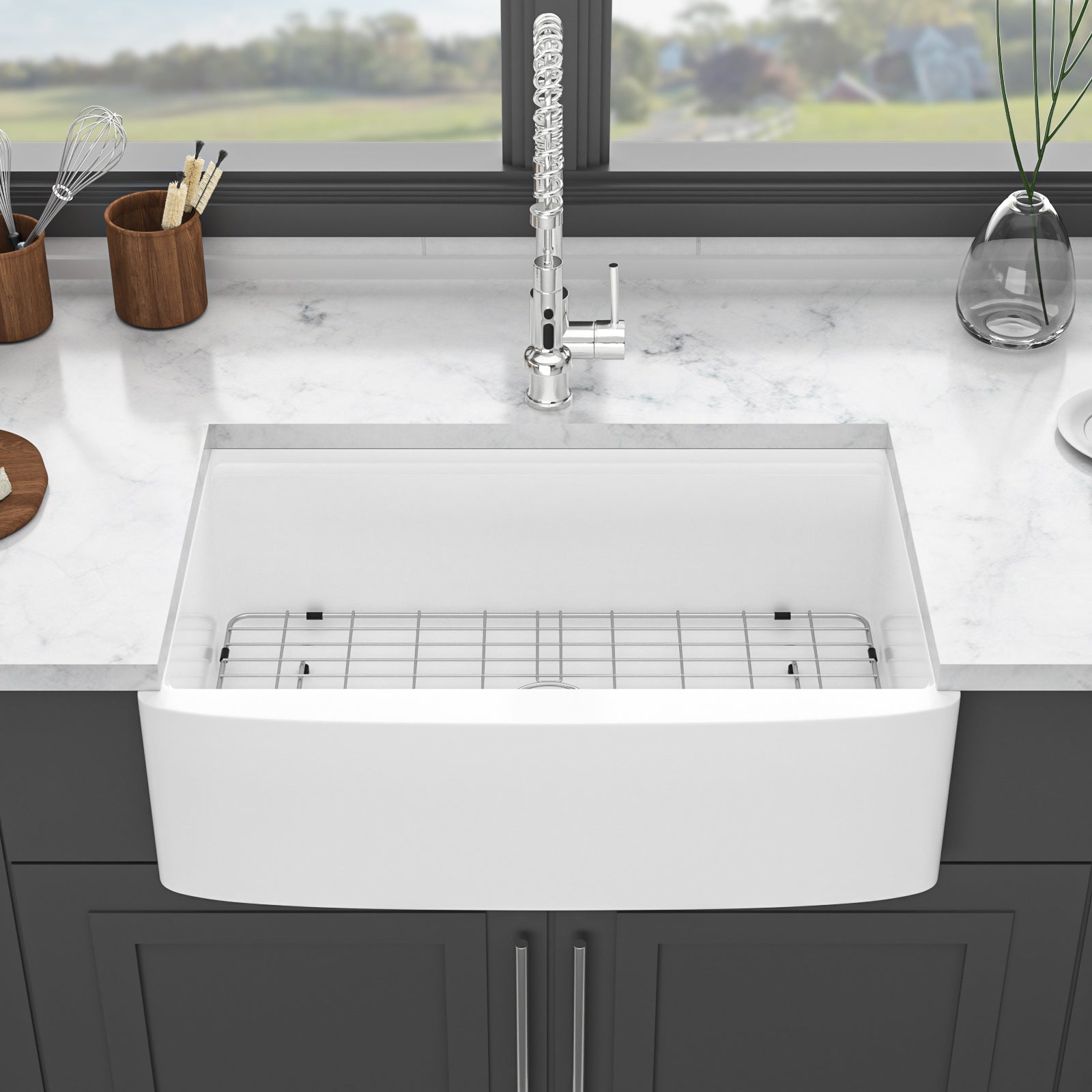 White Farmhouse Sink Workstation 33 Inch White Ceramic Single Bowl Farm Kitchen Sink White Ceramic