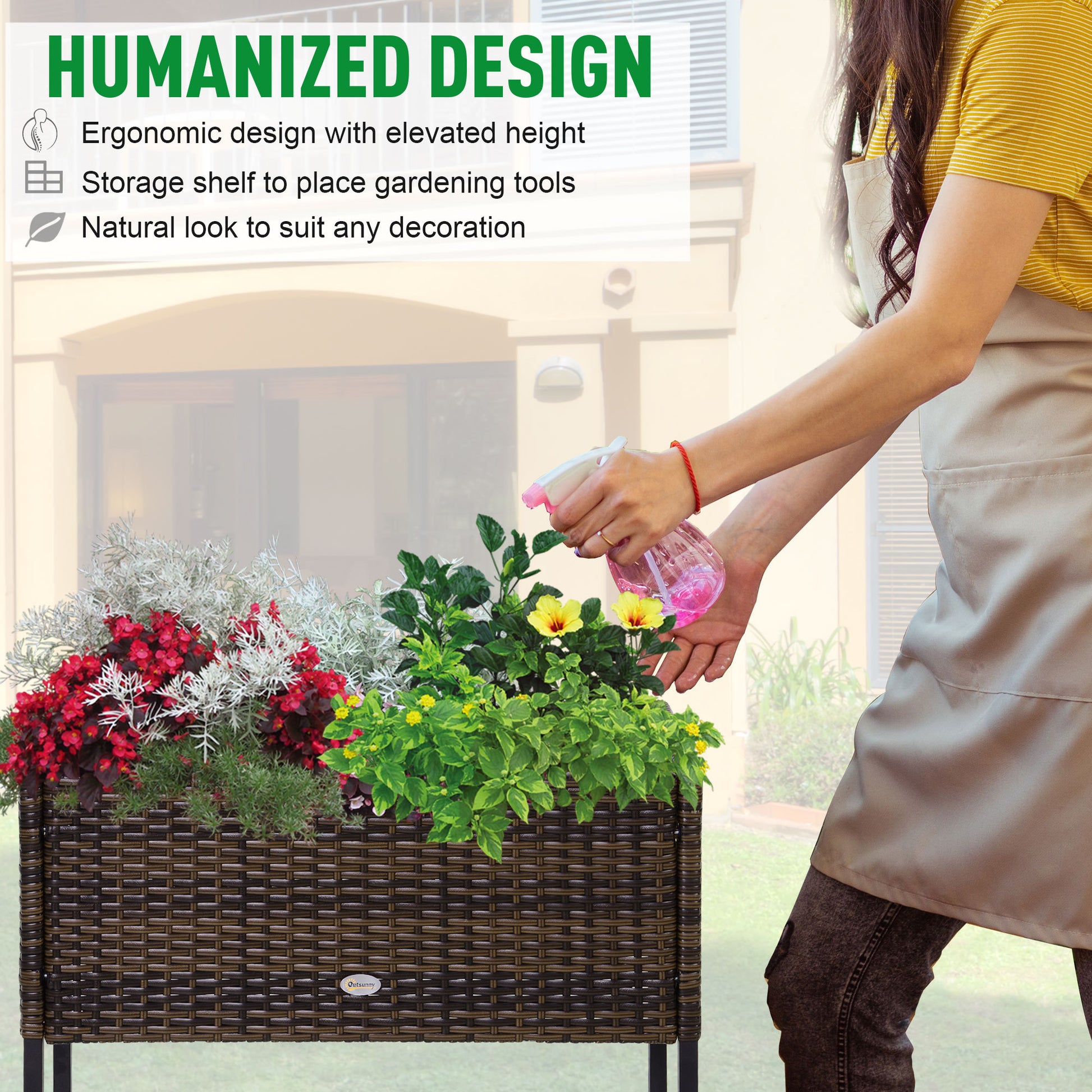 Outsunny Raised Garden Bed, Elevated Planter Box With Rattan Wicker Look, Tool Storage Shelf, Portable Design For Herbs, Vegetables, Flowers, Brown Brown Rattan