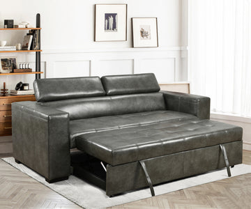 88 Inch Convertible Sofa Couch With Pull Out Bed, Modern Lounge Sleeper Sofa Set With Adjustable Headrest, Sofa Bed Furniture For For Living Room, Apartment,Basement,Grey Light Brown Wood Primary Living Space Heavy Duty Eucalyptus 3 Seat Grey Faux