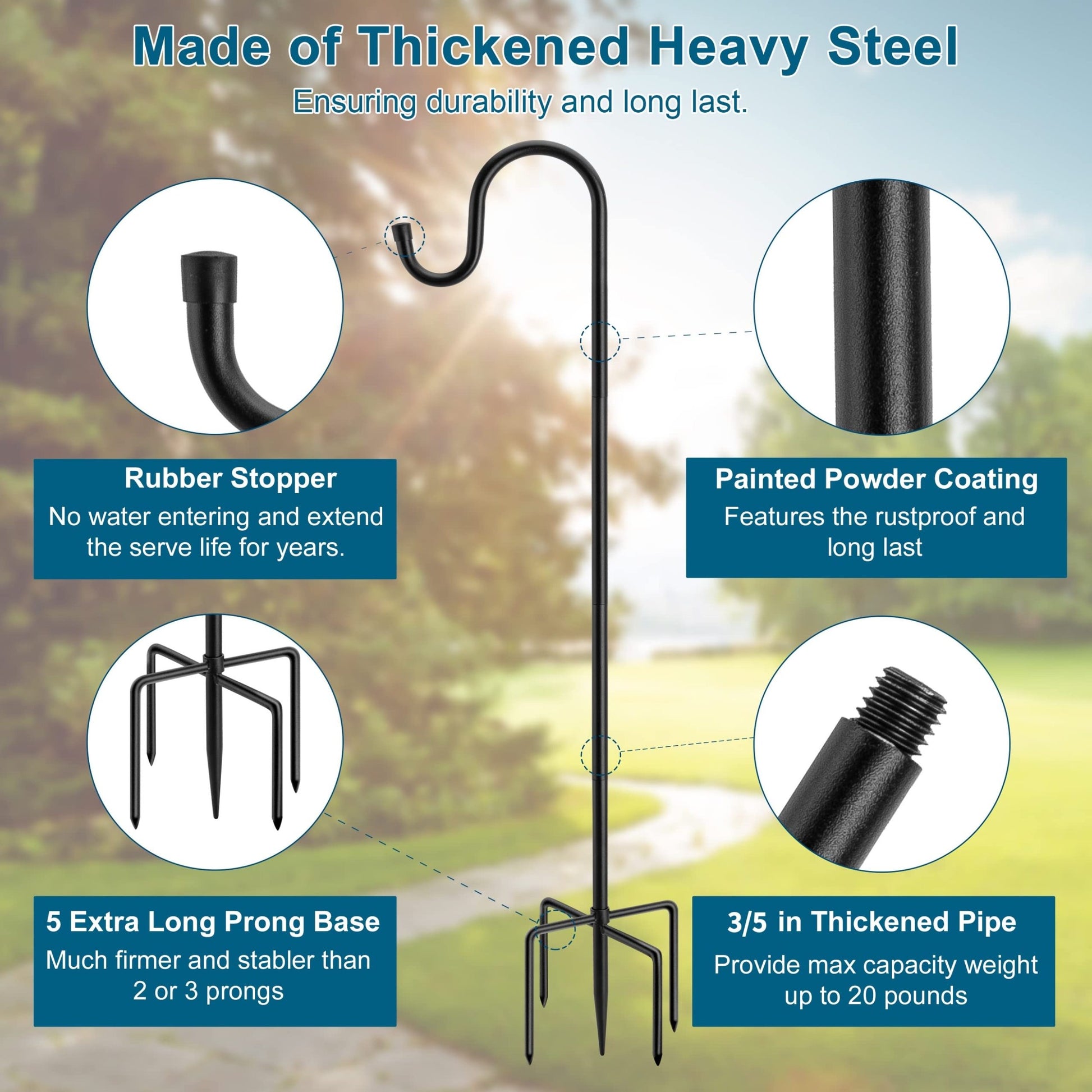 60" Shepherds Hooks For Outdoor, Heavy Duty Bird Feeder Pole For Hummingbird Feeder, Hanging Lantern, Shepherds Hook For Bird Feeders For Outside With 5 Prongs Base,1 Packs Black Metal