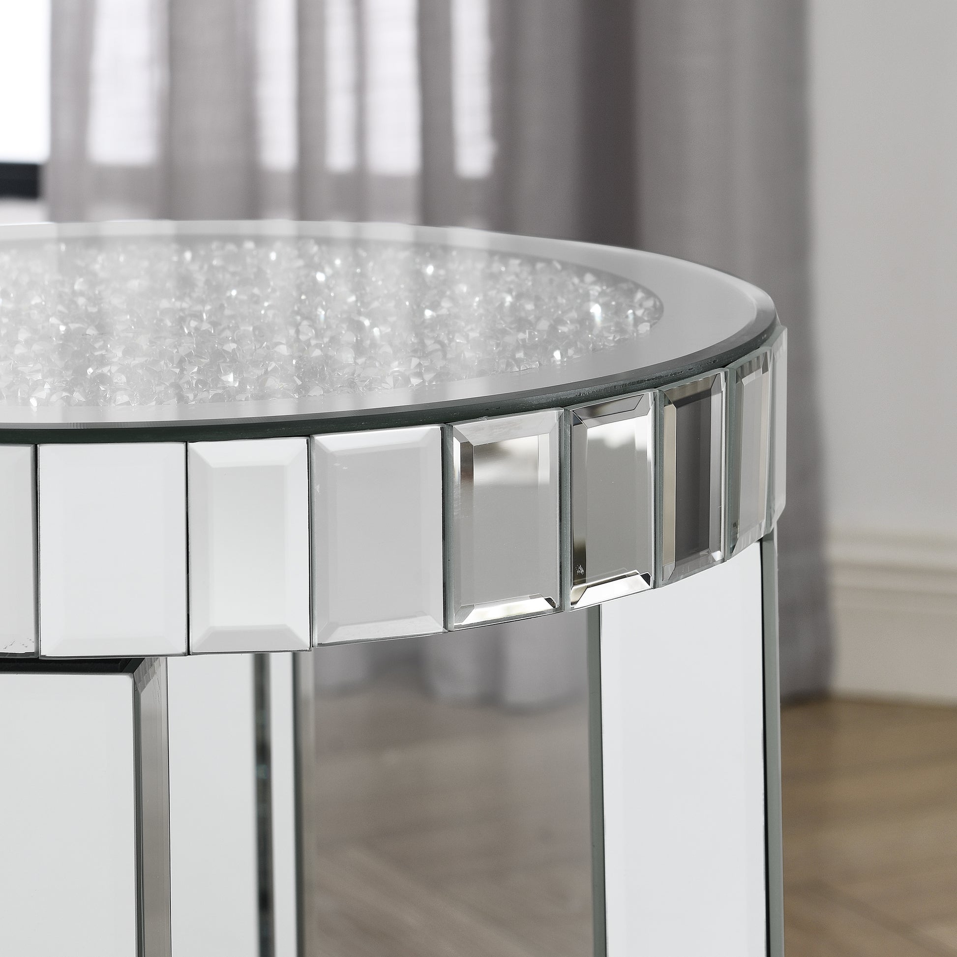 Mirror Round Table With Crystal Inlay, 2 Layer Modern Small Sofa Table With Storage Space, Silver Decorative Table Suitable For Living Room, Bedroom, Coffee And Small Spaces Mirrored Finish Primary Living Space Round Silver Floating Desk American Design