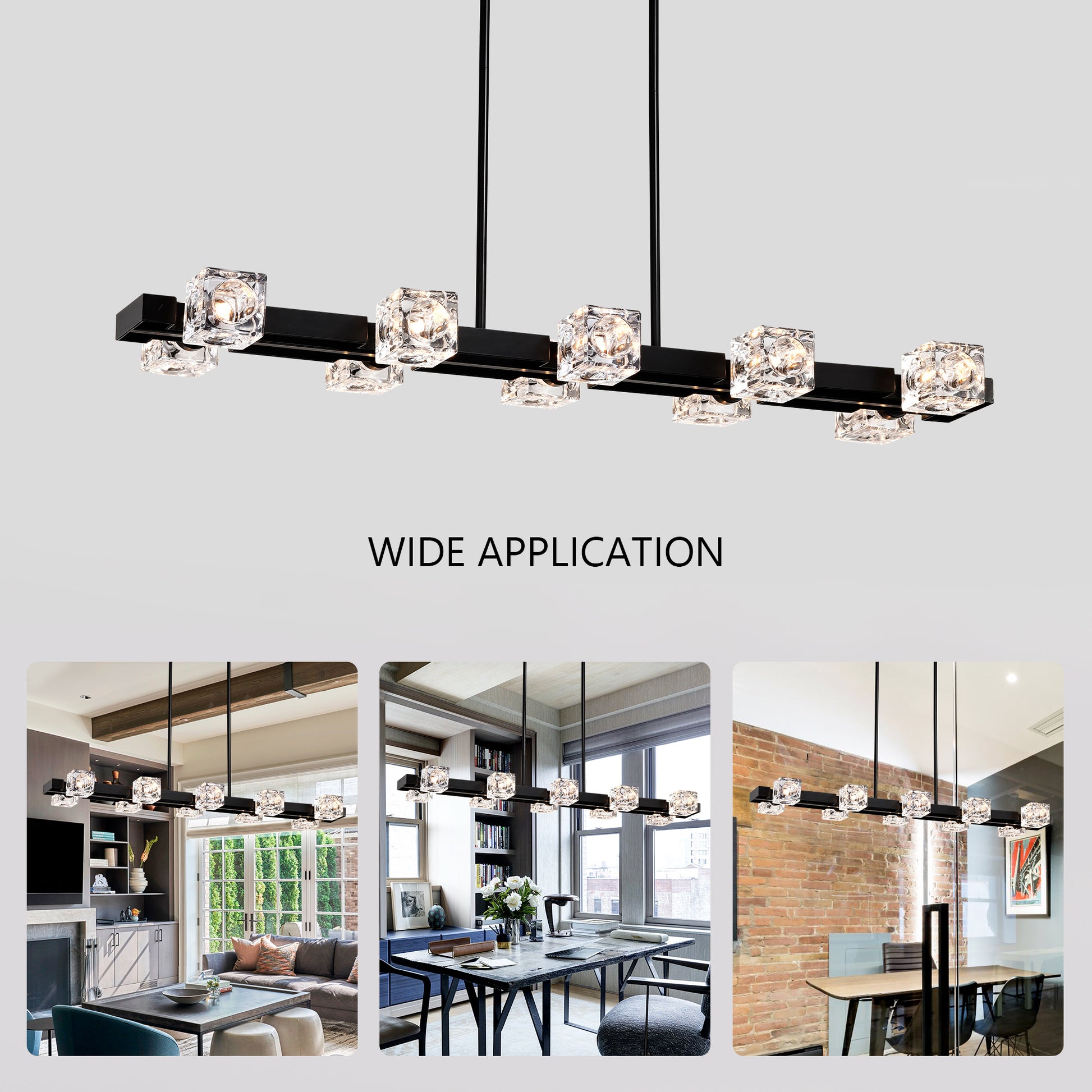 Rectangle Chandelier For Dining Room, 8 Light Black Farmhouse Linear Pendant Light Fixture, Modern Crystal Hanging Lighting Chandelier For Lobby, Kitchen, Bedroom, Living Room, Conference Room, Home