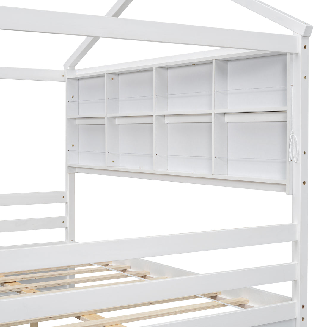 Full House Bed With Roof Frame, Bedside Shelves, Under Bed Storage Unit,White Full White American Design Pine