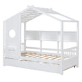 Wooden Twin Size House Bed With Trundle, Modern Design For Kids With Storage Shlef, White Twin White Solid Wood