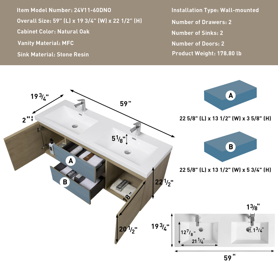 60" Floating Bathroom Vanity With Sink, Modern Wall Mounted Bathroom Storage Vanity Cabinet With Double Resin Top Basins And Soft Close Drawers, Natural Oak 24V11 60Dno Oak Wood