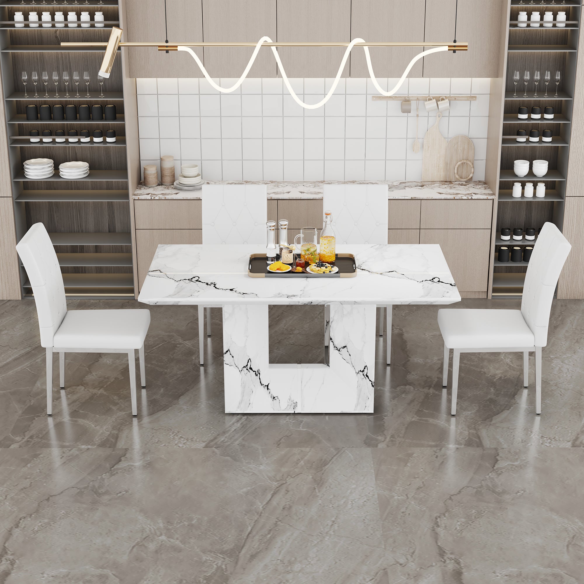 Table And Chair Set.63"X35.4" White Marble Patterned Mdf Dining Table Set With 4 Armless White Pu Chairs.Showcasing A Modern And Stylish Look. White Seats 4 Mdf Metal