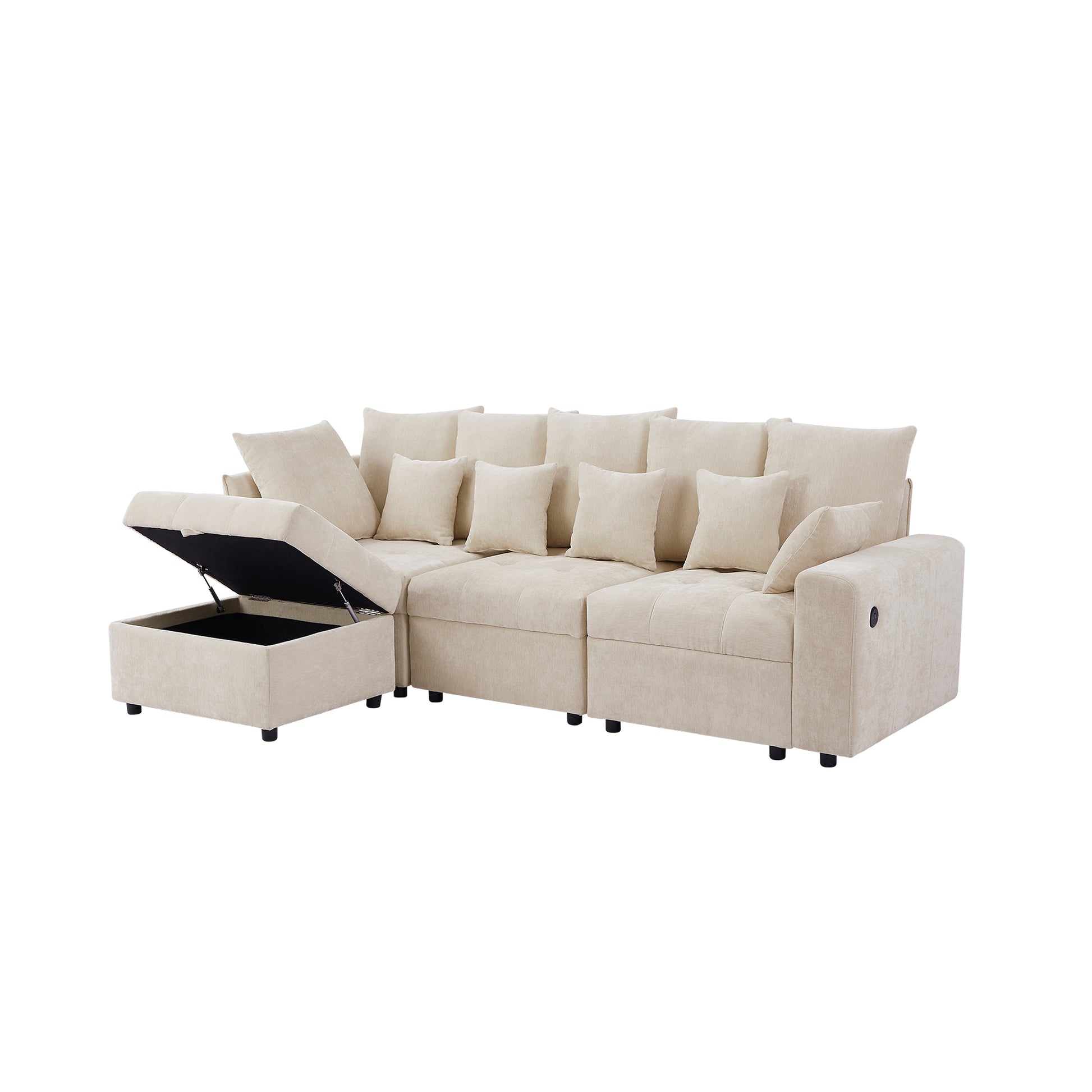 96.45"Sectional Sofa Modular Sofa Couch With Three Usb Ports, A Removable Storage Ottoman And Five Back Pillows For Living Room, Beige Beige Foam Chenille 4 Seat