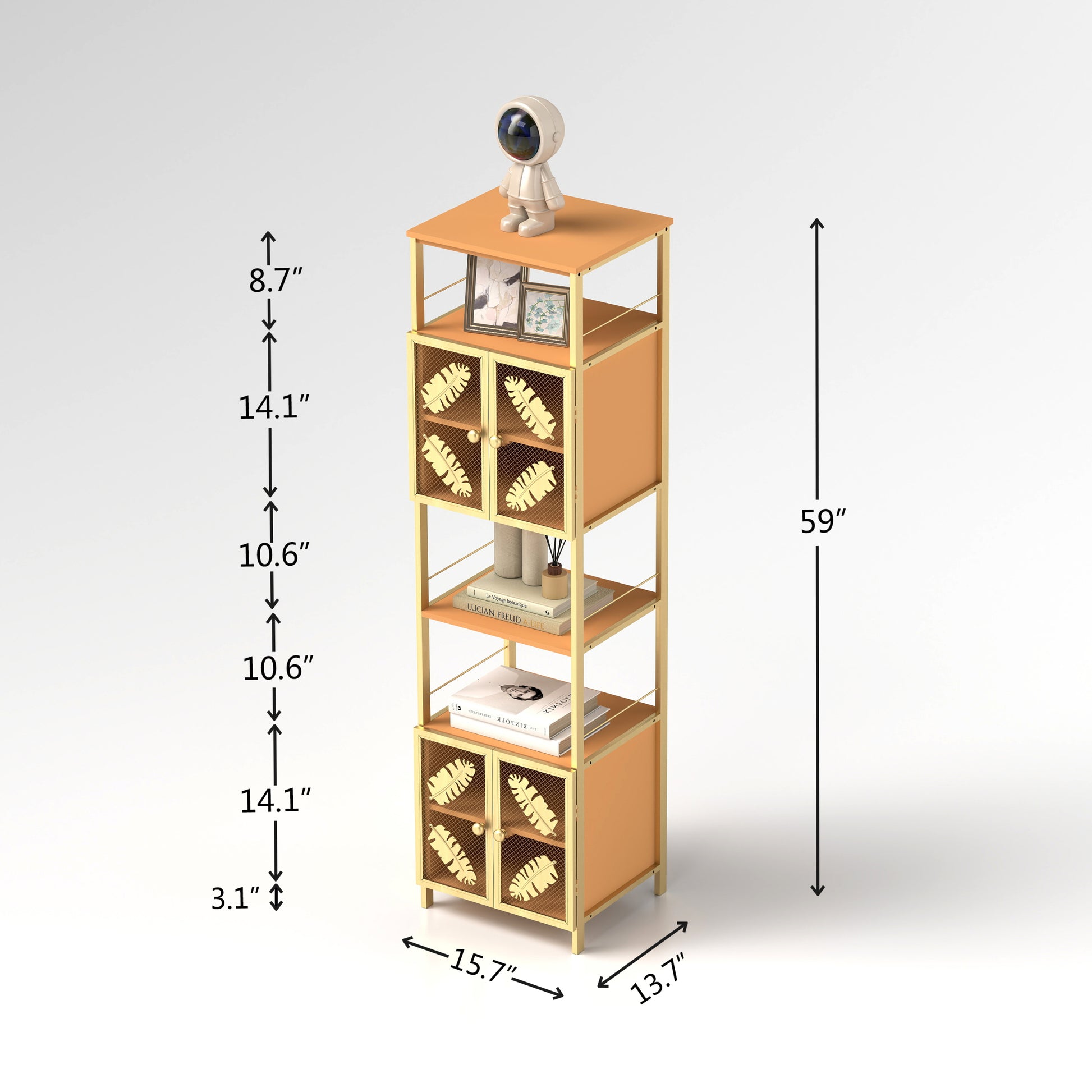 Tall Large Floor Storage Cabinet With Open Compartments And 2 Cabinets With Doors, Freestanding Cabinet, For Home Kitchen, Bathroom, Living Room Orange Metal Metal