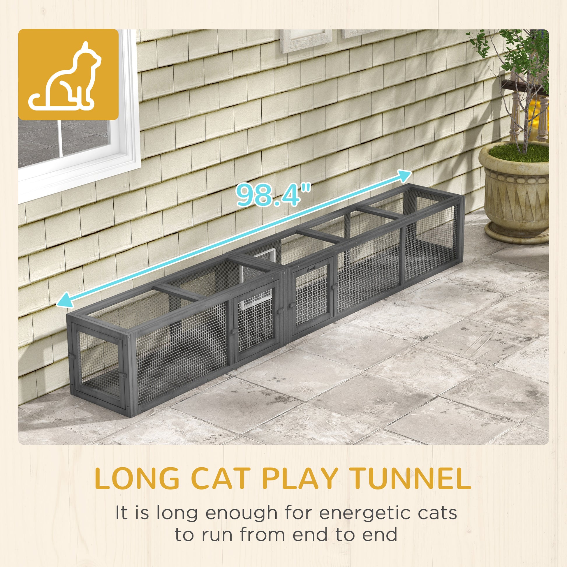 Pawhut Cat Tunnel Outdoor, Wooden Cat Tube With Combinable Design, 8 Doors, 98" Cat Toys For Kitty, Puppy, Pet, House, Window, Cage, Dark Gray Dark Grey Wood