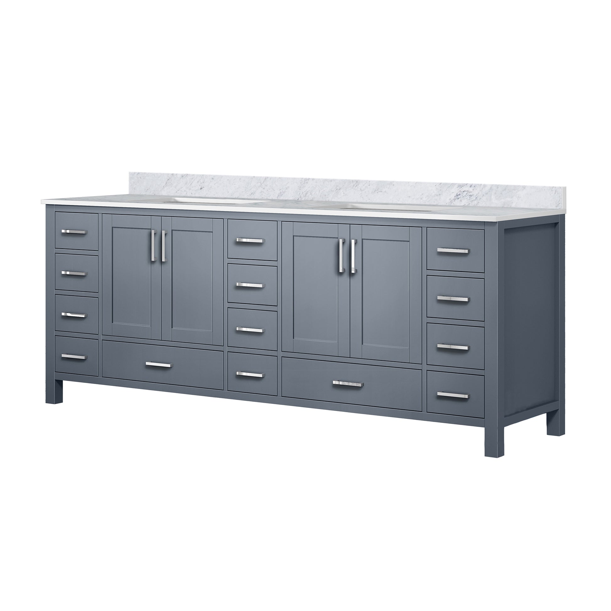 Dark Grey Double Bath Vanity 84 In. W X 22 In. D, With Carrara Marble Top Dark Grey Plywood Wood