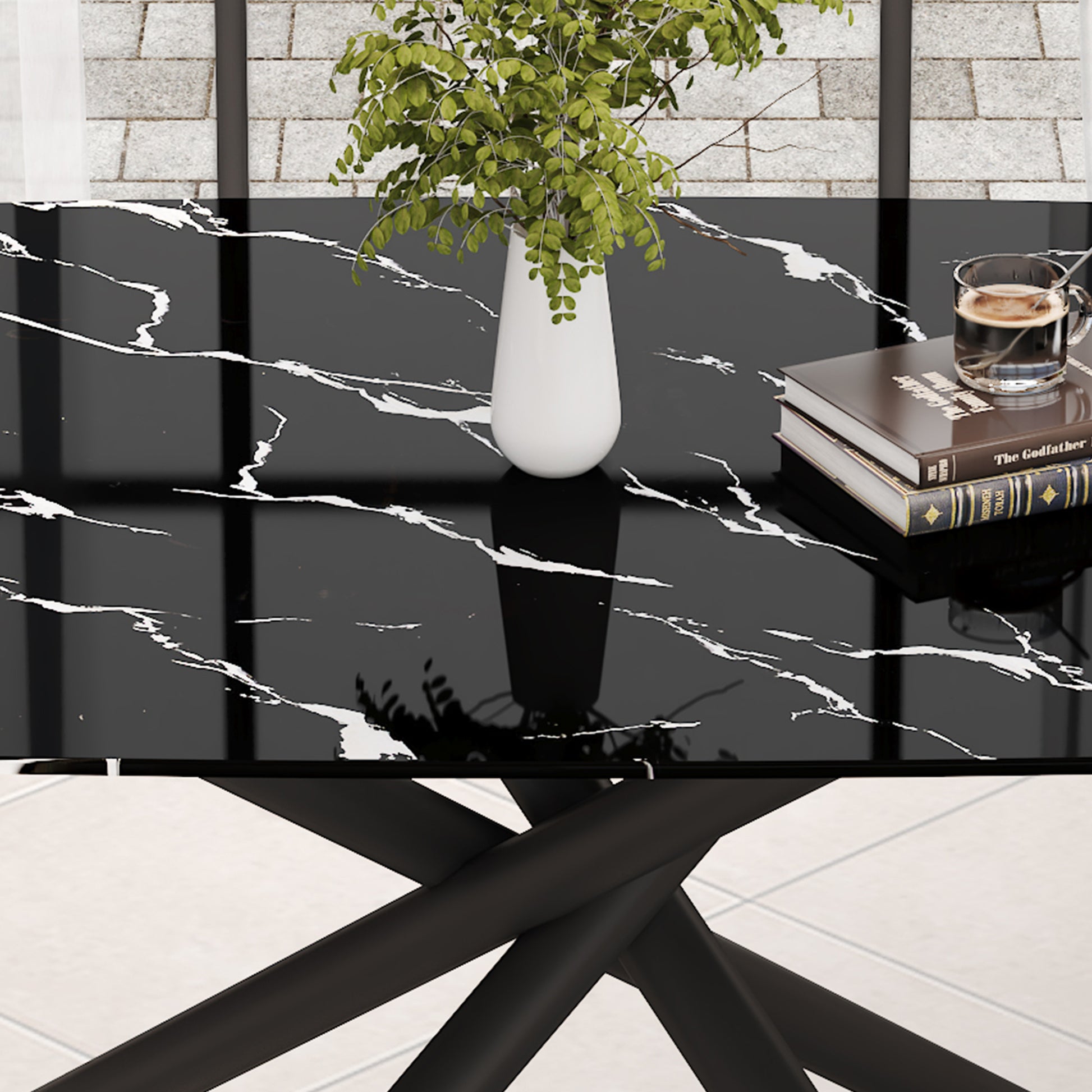 1 Table And 6 Chairs Set.A Rectangular Dining Table With A Imitation Marble Black Table Top And Black Metal Legs.Paired With 6 Chairs With Pu Leather Seat Cushion And Black Metal Legs.F 1537,C 007 Black Glass Metal