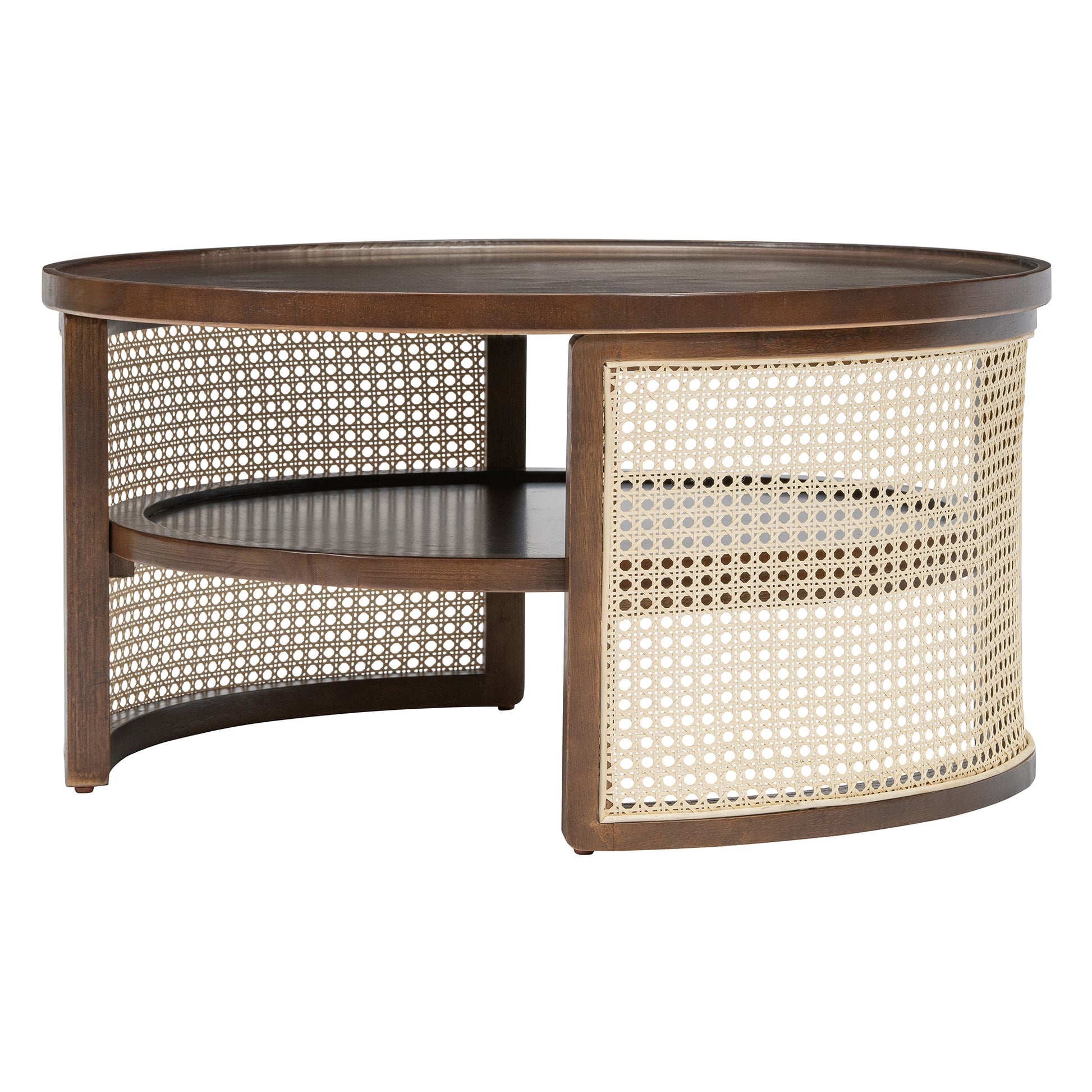 2 Tiered Round Walnut Wood Coffee Table With Storage Rattan Base In 31.3'' Walnut Rubber Wood