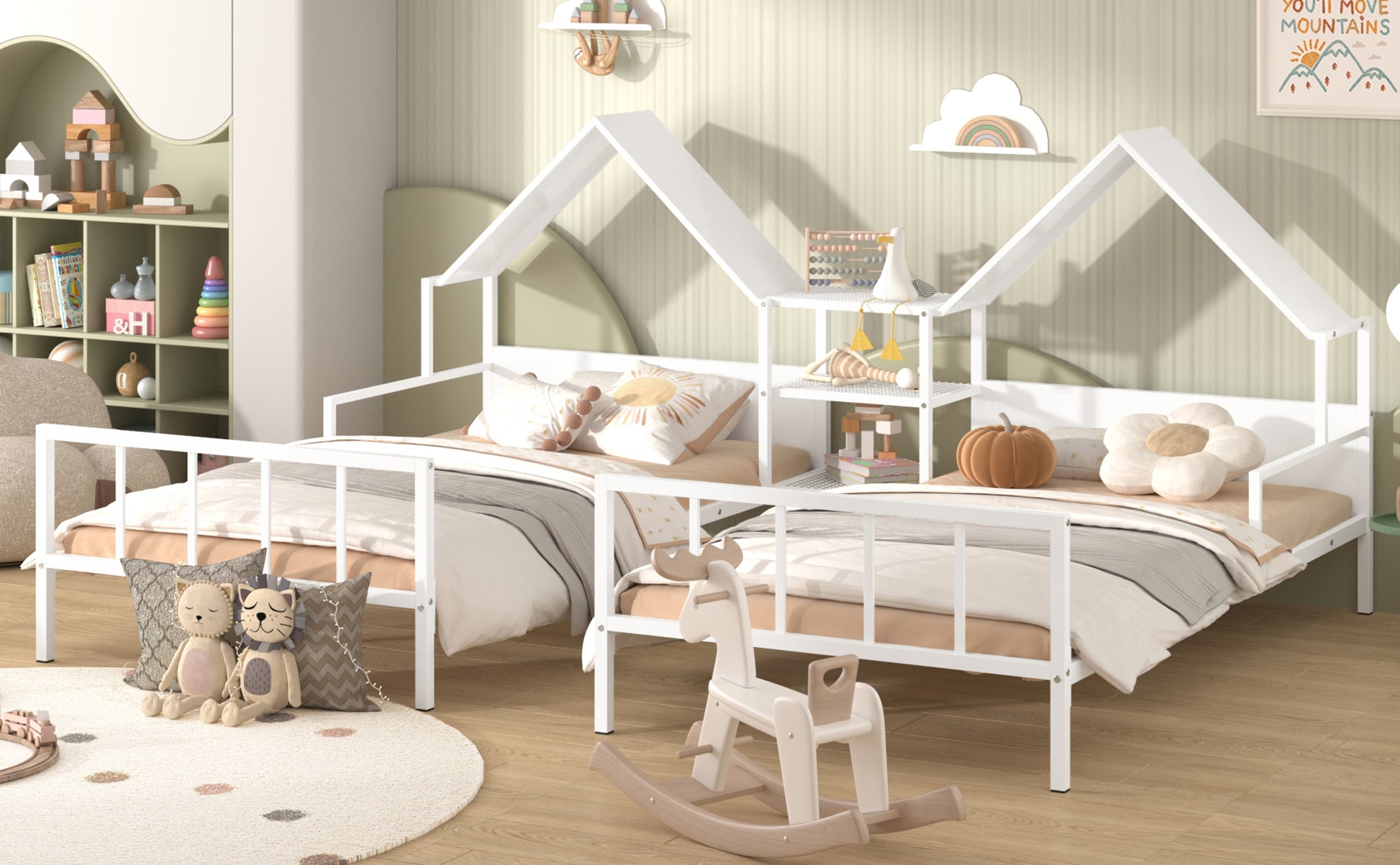 Metal Double Twin Size Platform Bed With House Shaped Headboard And A Built In Nightstand, White Box Spring Not Required Twin White Metal Metal