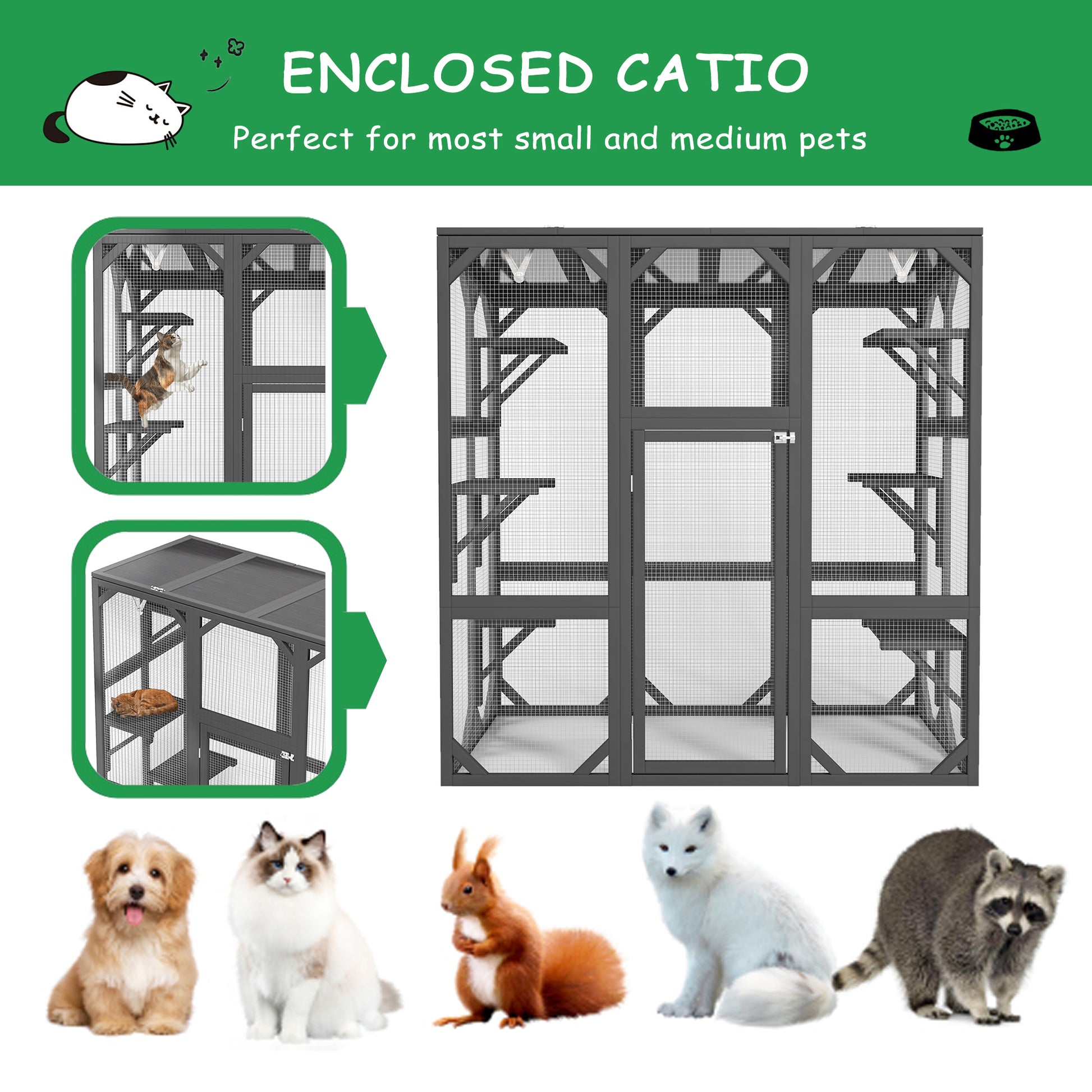 Catio Outdoor Cat Enclosure Cat House Wooden Cat Cage Large Feral Cat Shelter For Mulitiple Cats With Six Platforms, Large Enter Door, Waterproof Roof 60" Grey Gray Pet Barrier Wood