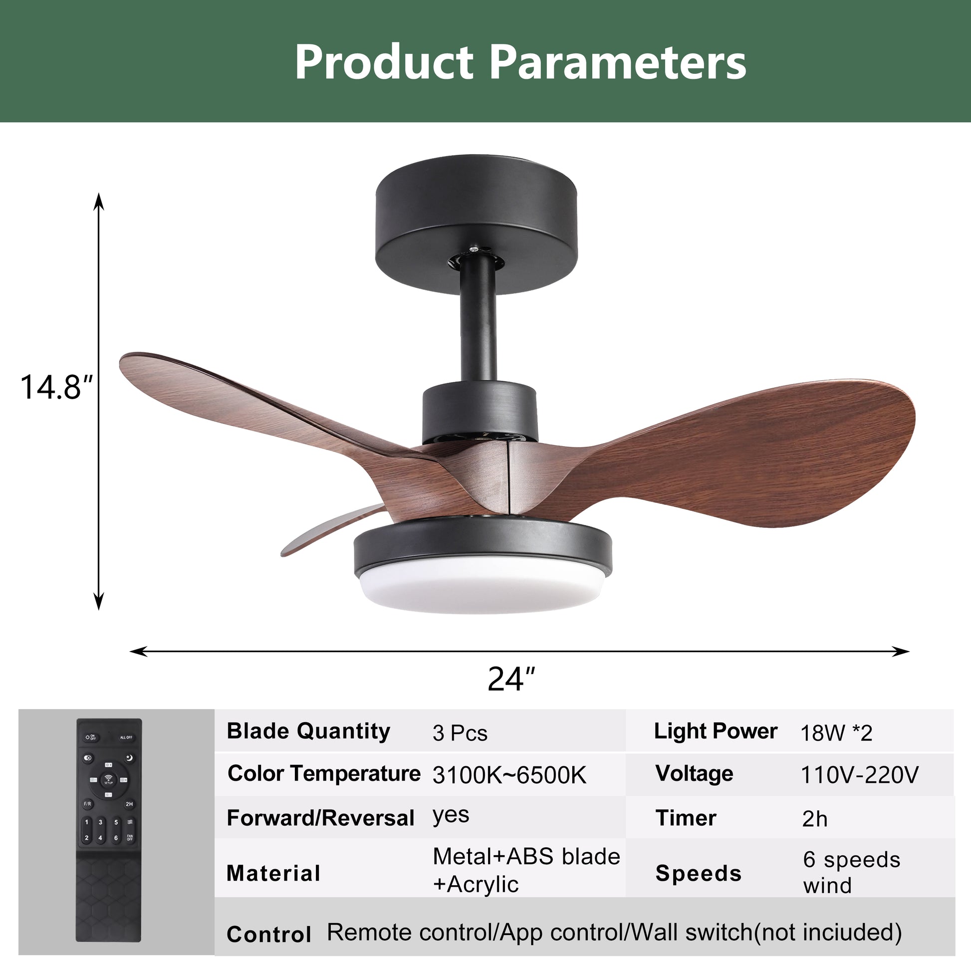 24" Black Small Ceiling Fan With Light Remote Control ,Modern Low Profile Ceiling Fan, 6 Speeds Quiet Reversible Dc Motor For Bedroom,Kitchen Black Brown Classic Abs Steel Q235